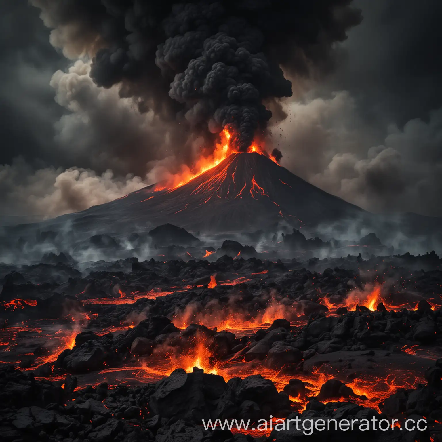 мрачная местность в огне, кругом вулканы, местами лава, все в дыму