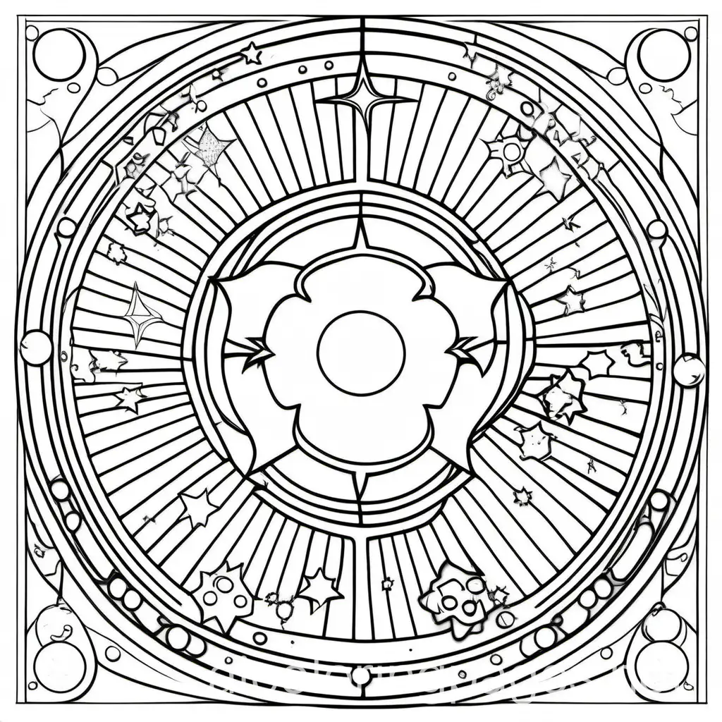 Celestial Harmony, Coloring Page, black and white, line art, white background, Simplicity, Ample White Space. The background of the coloring page is plain white to make it easy for young children to color within the lines. The outlines of all the subjects are easy to distinguish, making it simple for kids to color without too much difficulty