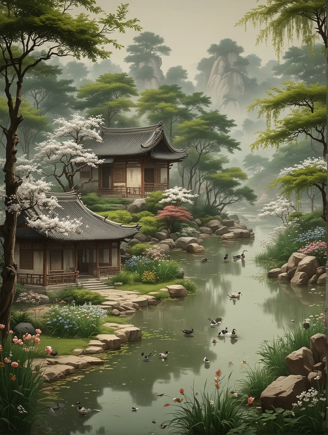 Gongbi painting, Song Dynasty, cottage, waterfall, trees, small pond, ducks, geese, flowers, spring, grass, detailed details, 8k high definition