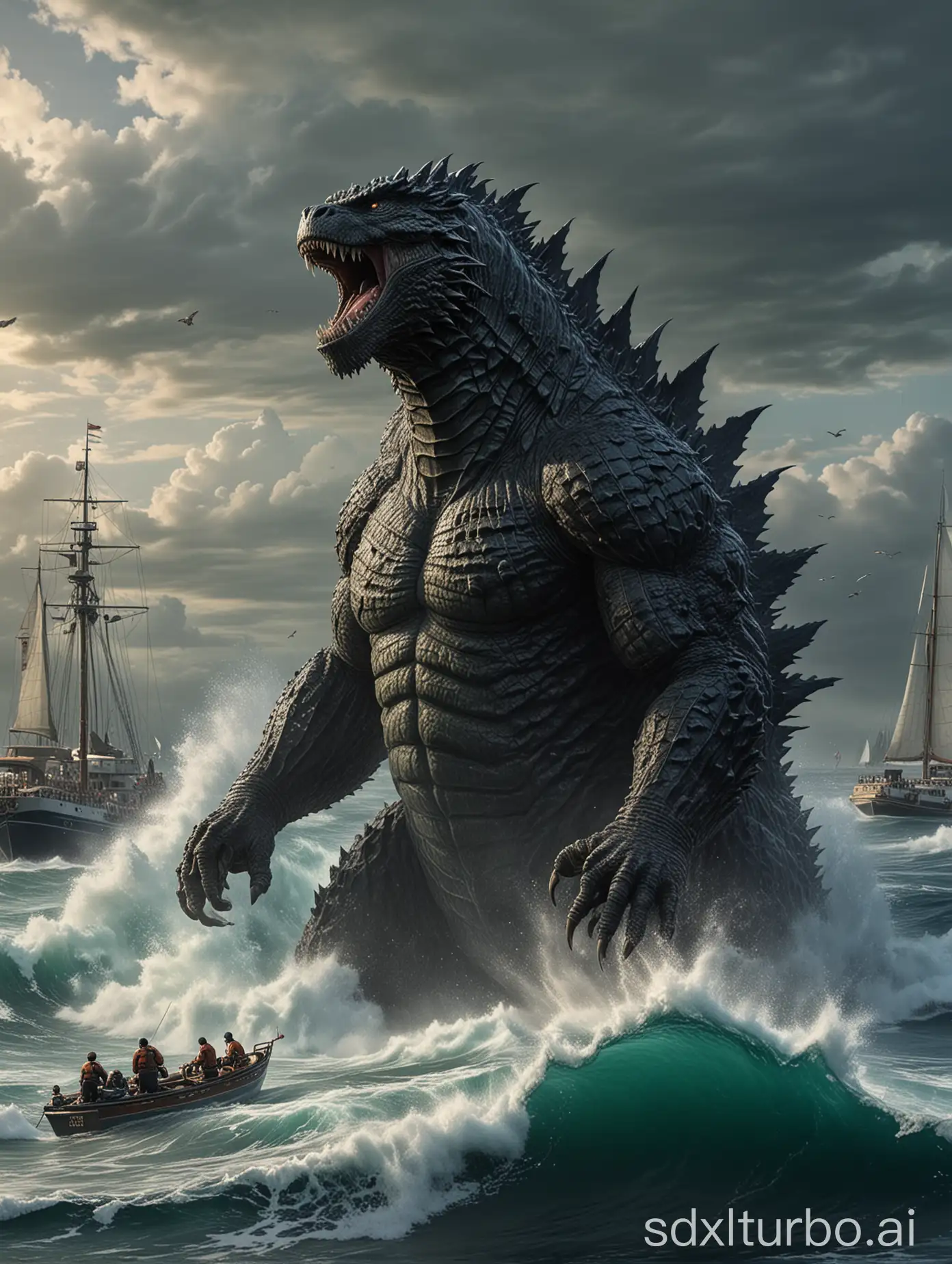 Gigantic, majestic, magnificent, towering, Godzilla, in the sea, surrounded by yachts, small boats, amidst the raging waves, in high definition, 4K, rich in detail