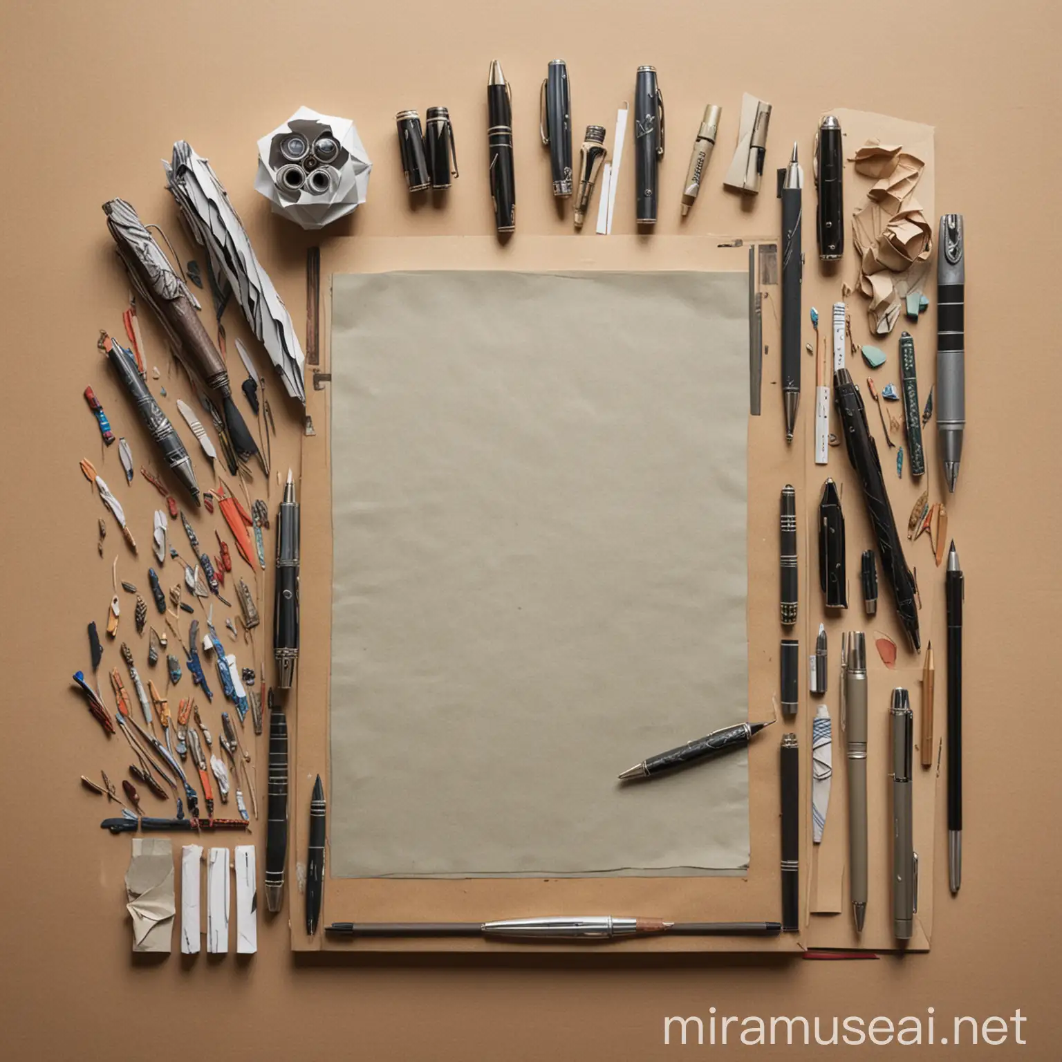 generate an artistic image of multiple pens and different kinds of paper on a table, clearly a worktable from an artist