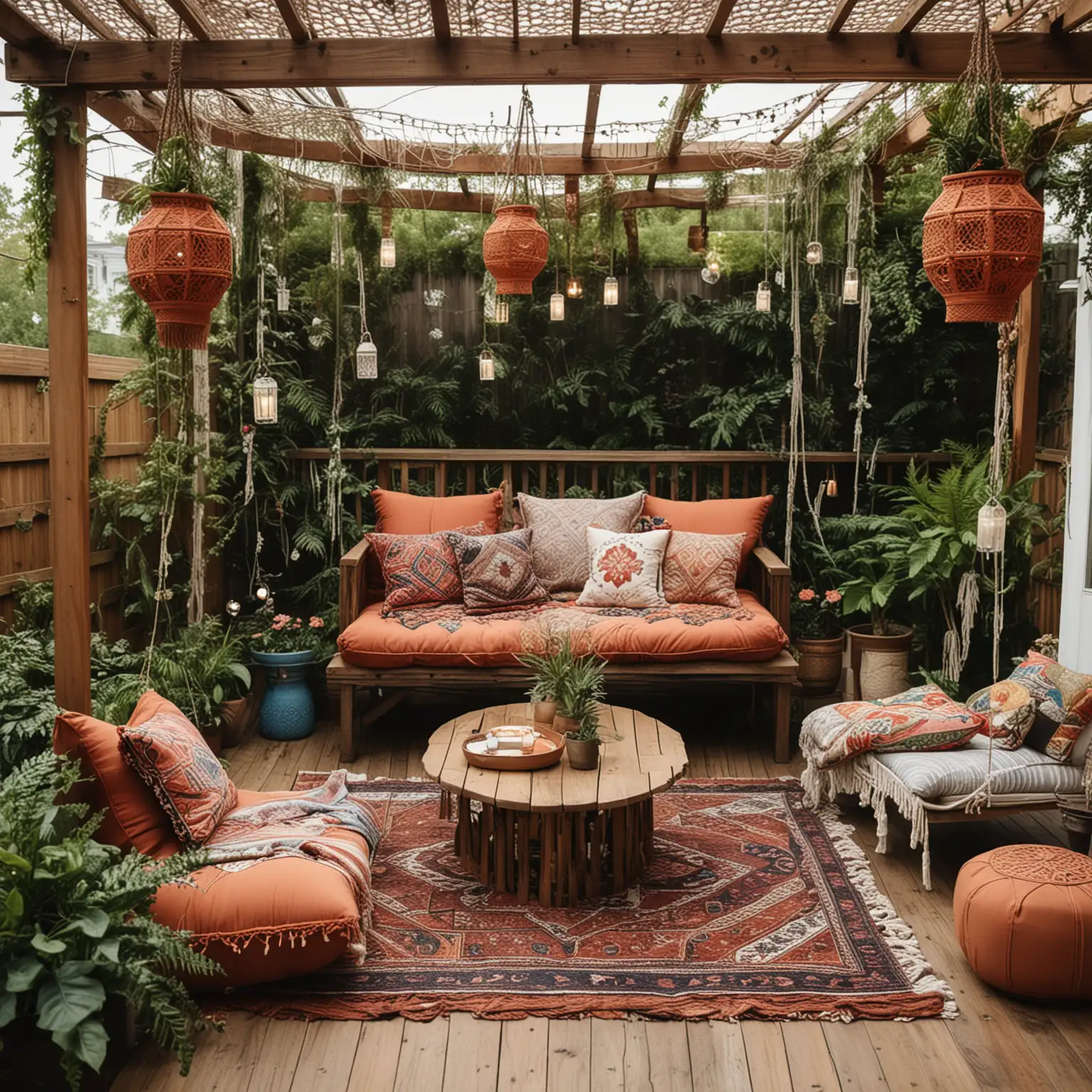 design a very wide distant shot of an outdoor lounge with Layered outdoor rugs on a hardwood deck, eclectic mix of cushions and poufs in vibrant patterns. Macramé plant hangers with trailing ivy and ferns hang from the pergola draped with fairy lights. Low wooden tables hold lanterns and candles, creating a relaxed, bohemian vibe. Incorporate hanging dreamcatchers and wind chimes for added whimsy.