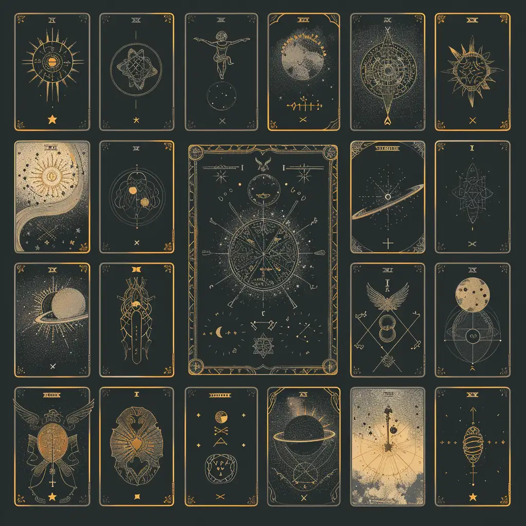 write a cover for tarot cards in dark colors on which to display the symbols of planets, zodiac signs, chakras and elements --v 6 --ar 3:4 --no 7304