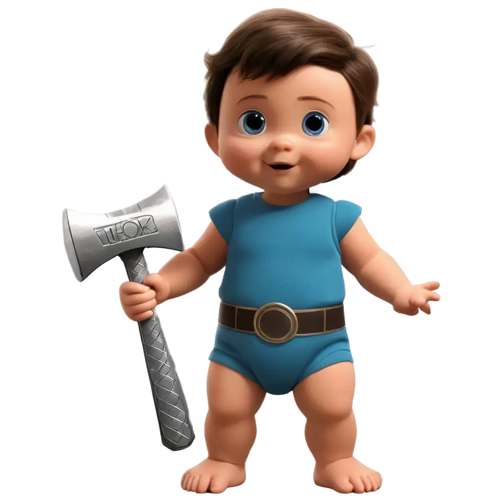 baby with brown hair in pampers holding thor's hammer animated
