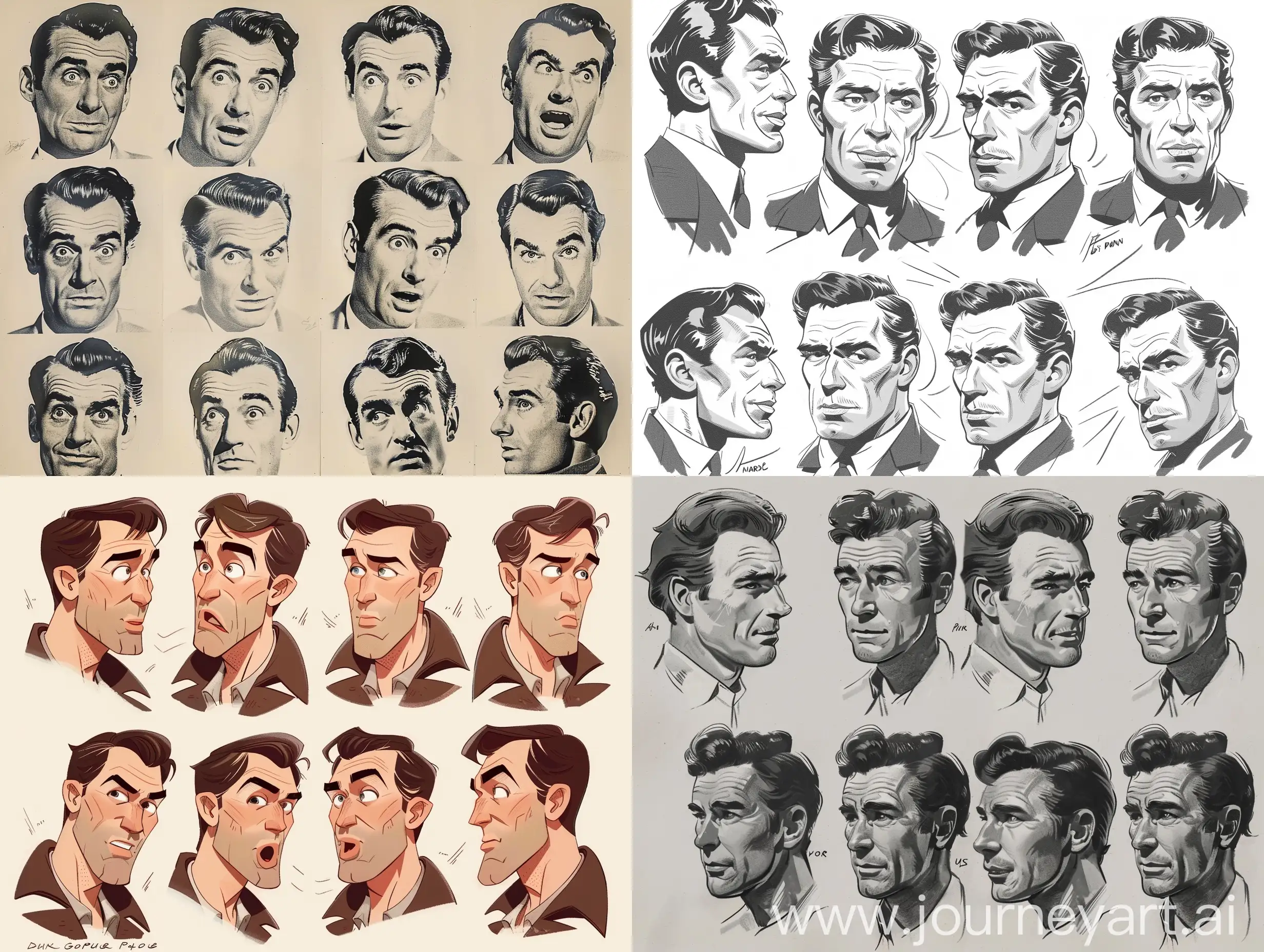 Expression sheet of  A handsome 1940s actor man, same character from different angles, face resembling Gregory Peck