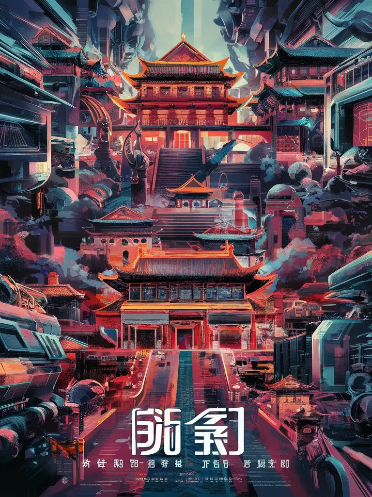 a poster design, filled with tech vibes, Chinese city theme, introducing human culture, full of life spirit, spacious and with strong visual effects