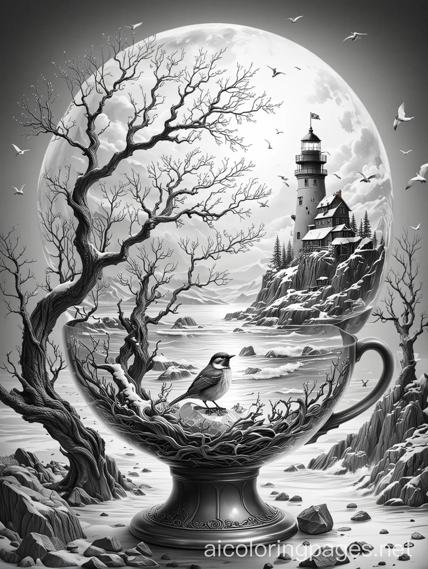 bird Inside a Crystal teacup, Greyscale sitting by a lighthouse and pirate ship and waves in greyscale. A twisted greyscale tree holds the crystal ball in greyscale branches. Greyscale background is jagged snowy mountains, Coloring Page, black and white, line art, white background, Simplicity, Ample White Space. The background of the coloring page is plain white to make it easy for young children to color within the lines. The outlines of all the subjects are easy to distinguish, making it simple for kids to color without too much difficulty