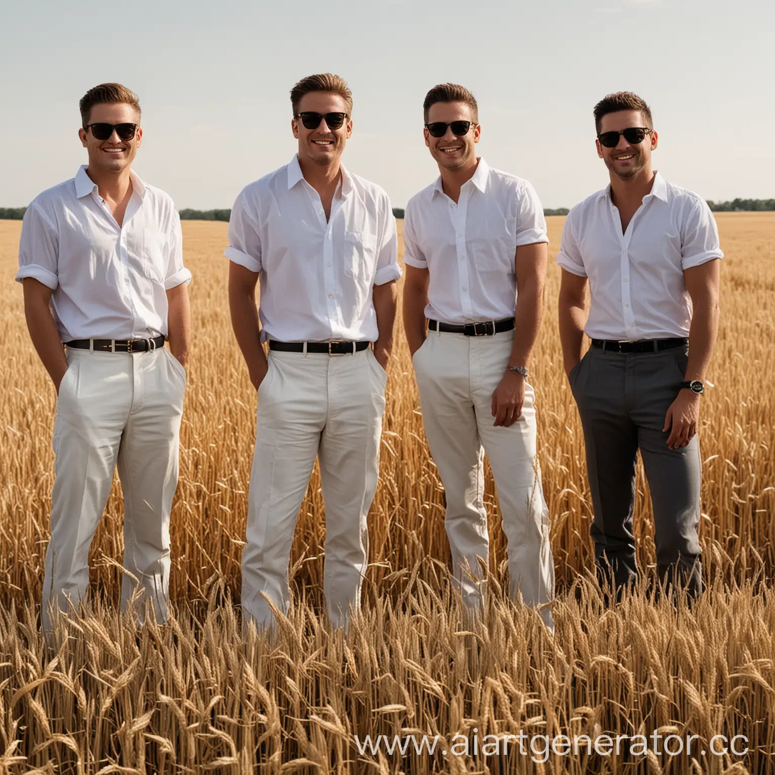 4 мужчины в белых рубашках, черных штанах, стоят в поле с зерном, немного улыбаются, черные очки на лицах