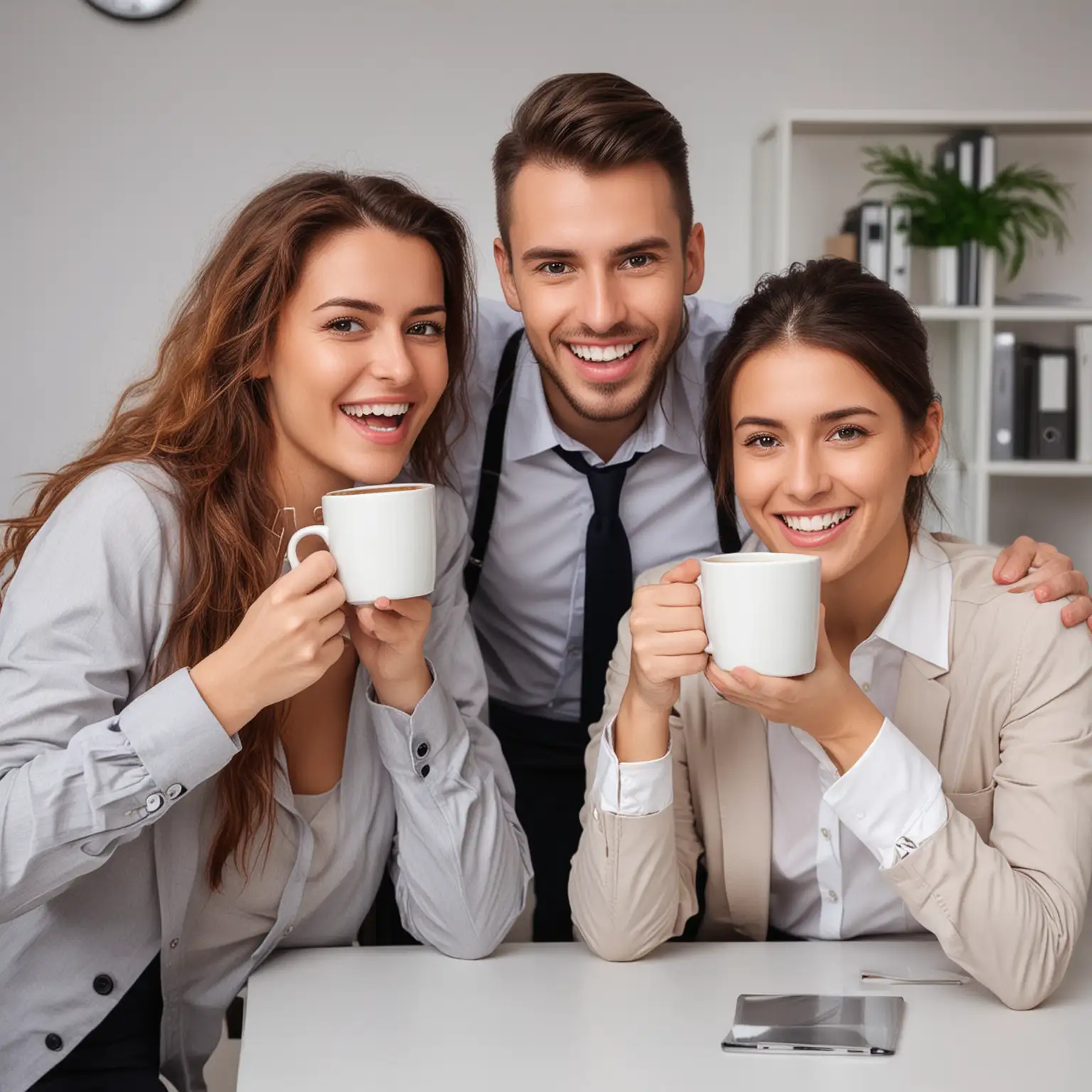 Show me an image of three happy coworkers for having a cup of coffee at the office. 
