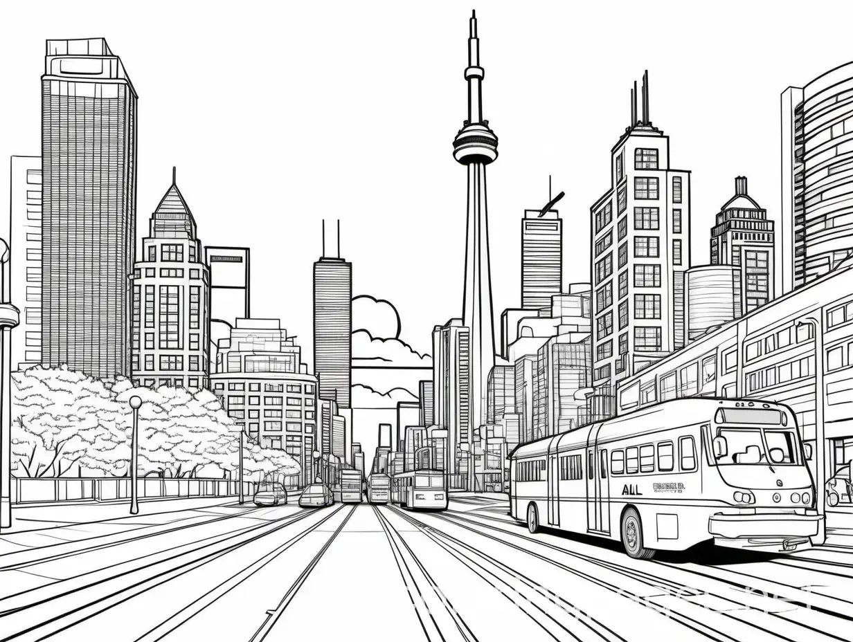 Highly detailed skyline of Toronto taken at
 Street level. Street cars visible, Coloring Page, black and white, line art, white background, Simplicity, Ample White Space. The background of the coloring page is plain white to make it easy for young children to color within the lines. The outlines of all the subjects are easy to distinguish, making it simple for kids to color without too much difficulty
