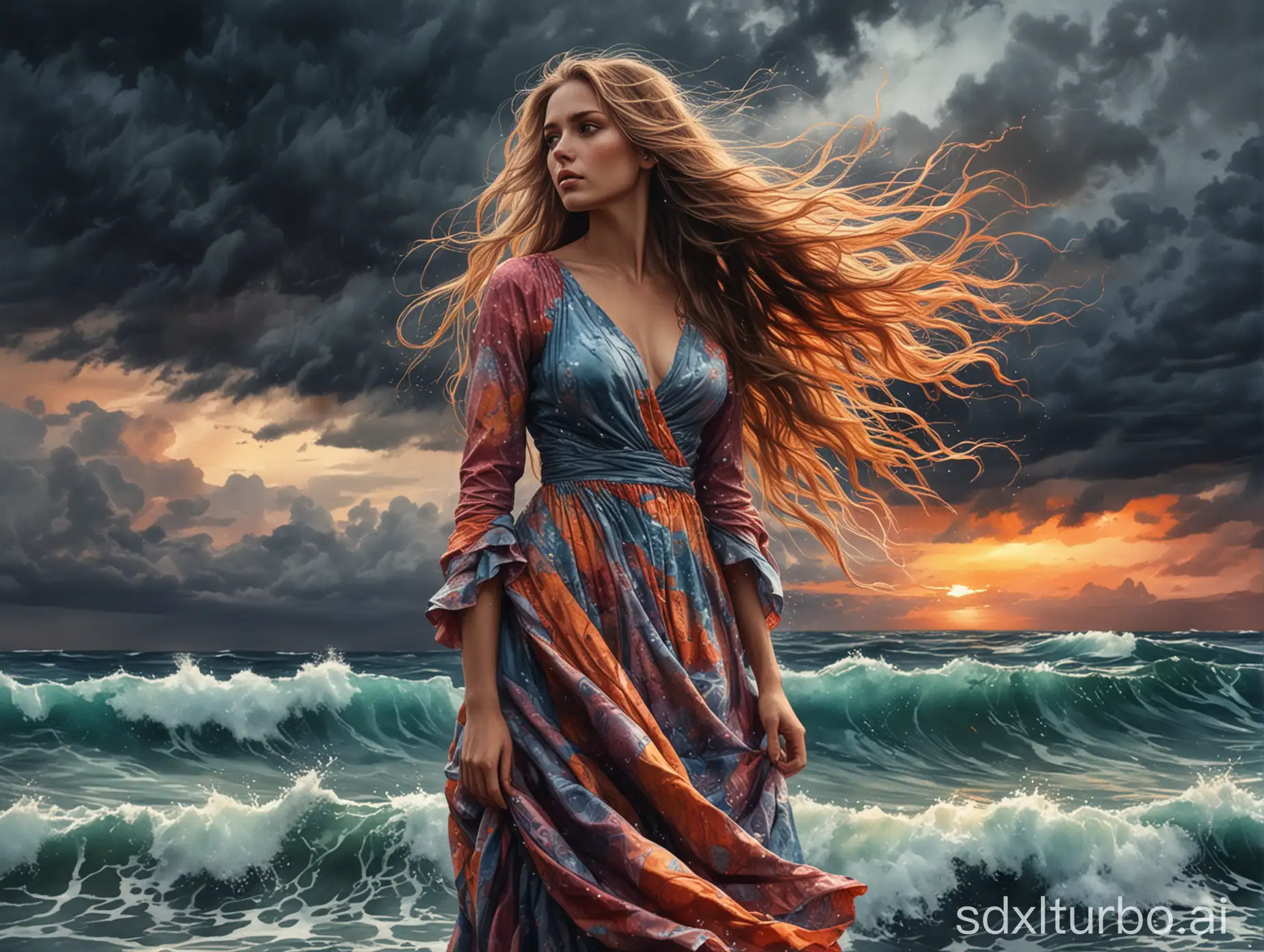 A captivating, vibrant watercolor painting by artist Supersy showcasing a strong, poised woman in an angular side profile. Her long, flowing hair blends into the ocean wave-like fabric of her dress, with striking eyes full of intensity. She stands braving a storm, symbolizing courage and resilience, in a cinematic, 3D render rich with color splashes, against a dramatic sky with dark clouds and a vibrant sunset.