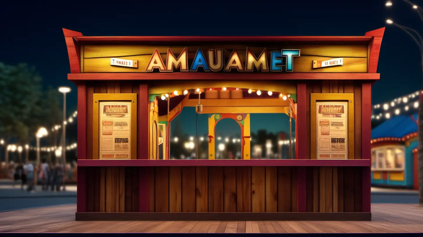 small amusement park ticket booth front view made of wood pixar style at night  ,32k uhd ,