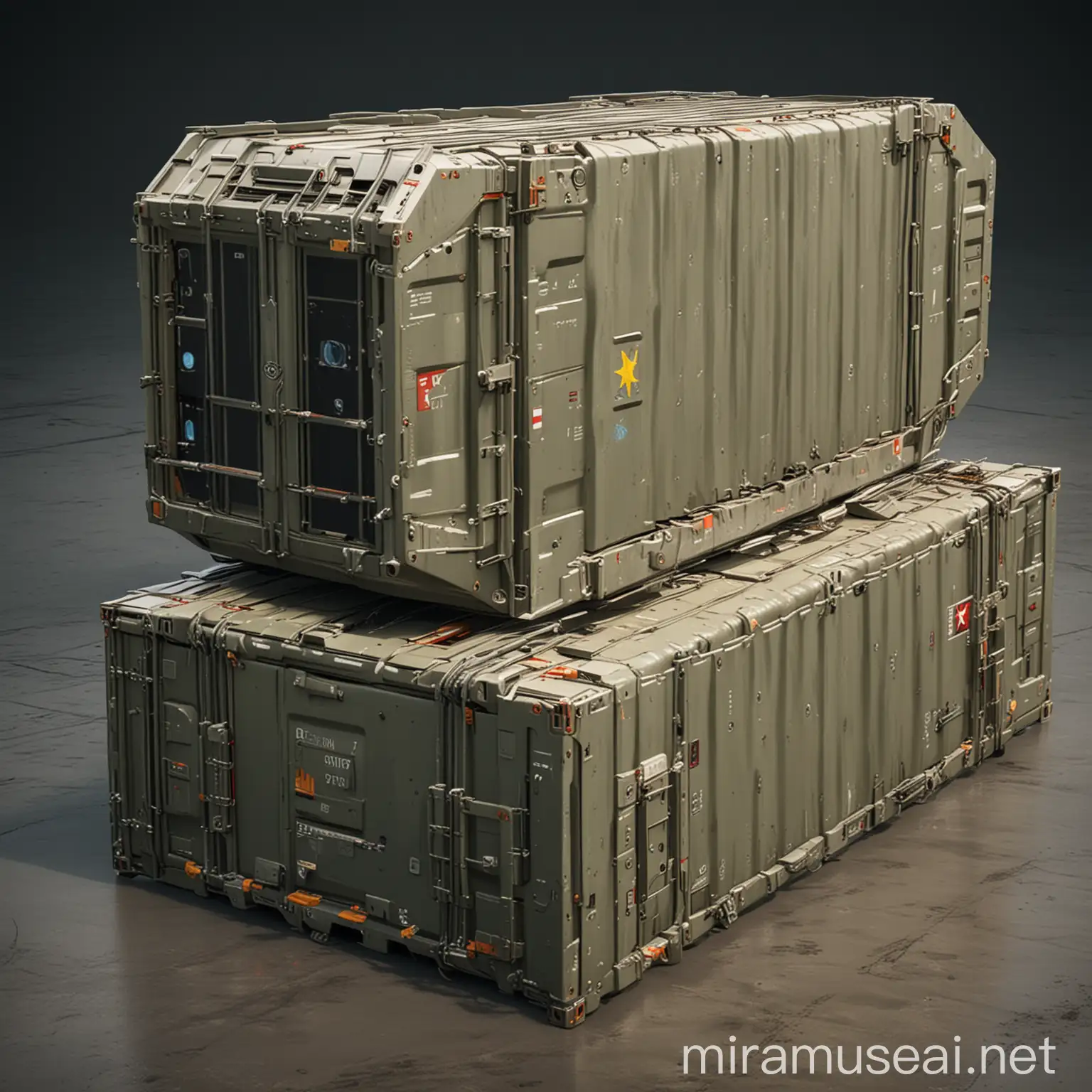 futuristic cargo conteiner for military and emergency usage that can open from sides with 5 openable doors

