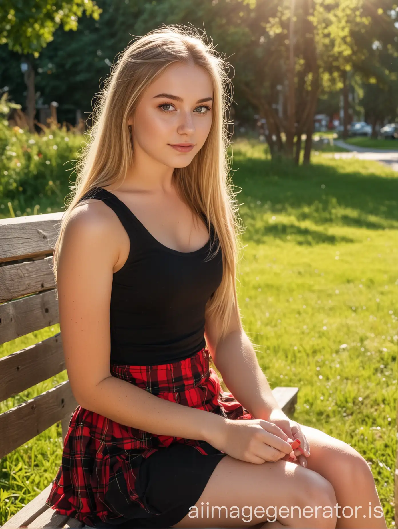 Beautiful cute german teenager girl, cute round face, white skin, long blonde hair. Smokey eyes, freckles. Sitting on a bench in a park. Beautiful evening sun in background. Backlight. Wear black tank top and red mini skirt and white panty.