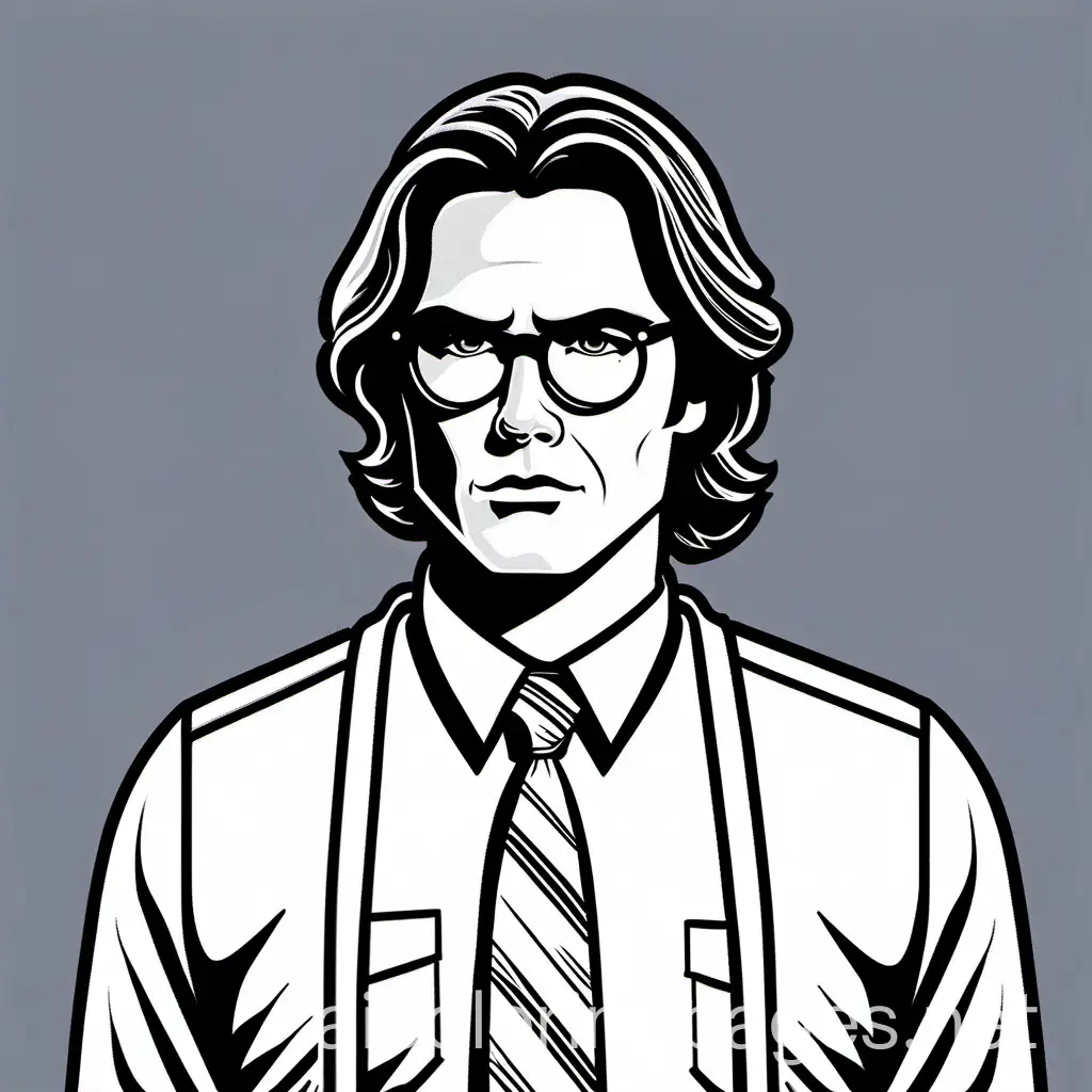 sam winchester, in glasses, with slicked back hair, confused look, dressed in cartagain and a tie, Coloring Page, black and white, line art, white background, Simplicity, Ample White Space. The background of the coloring page is plain white to make it easy for young children to color within the lines. The outlines of all the subjects are easy to distinguish, making it simple for kids to color without too much difficulty