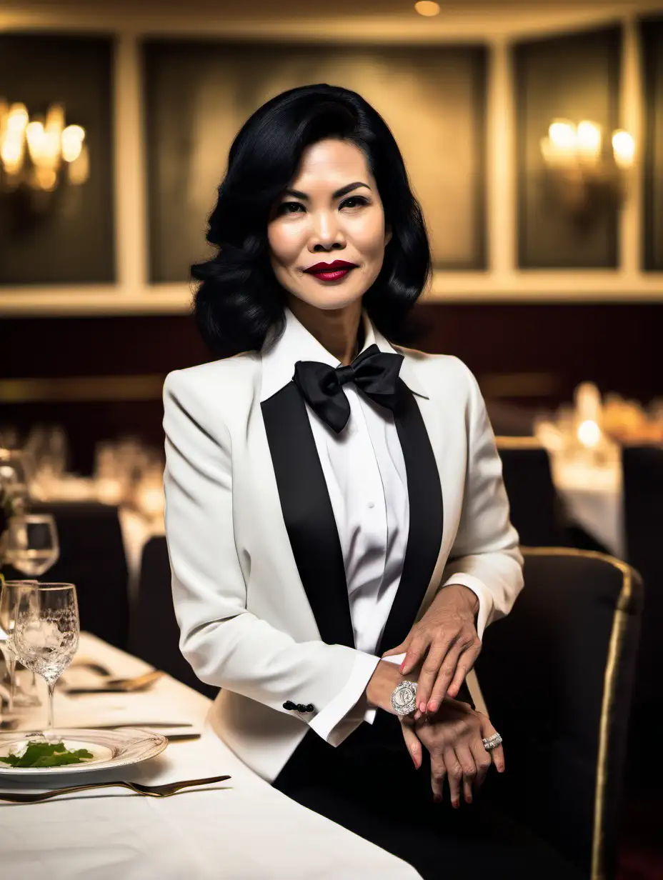 40 year old stern and confident and sophisticated Vietnamese woman with shoulder length black hair and lipstick wearing a tuxedo with a black bow tie. (Her shirt cuffs have cufflinks). Her jacket has a corsage. She is at a dinner table.