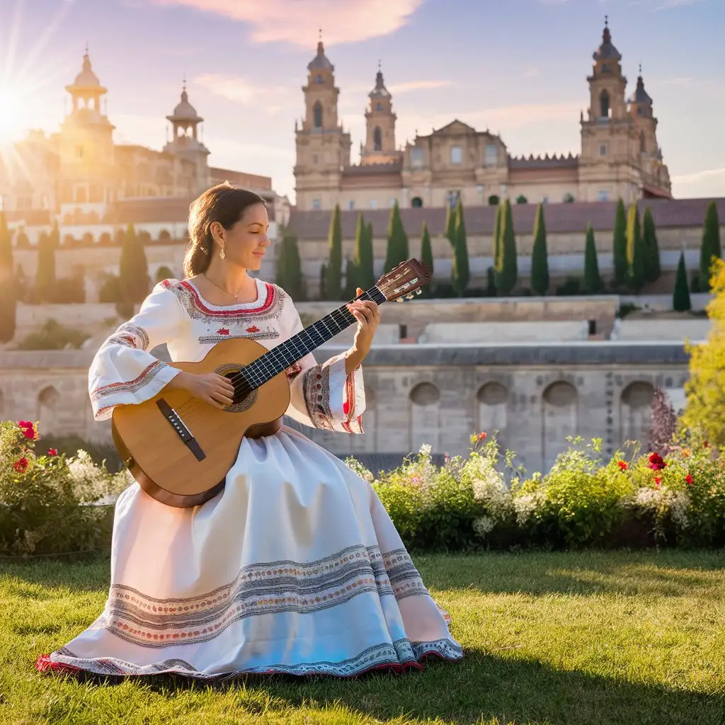 eine andalusische Frau spielt Gitarre vor der Alhambra