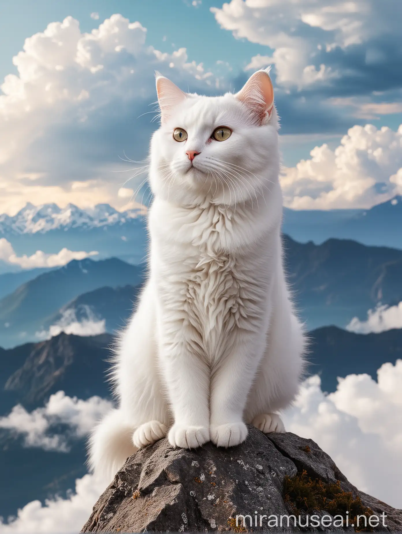 Adorable White Cat Gazing at Majestic Mountain Range from Fluffy Clouds