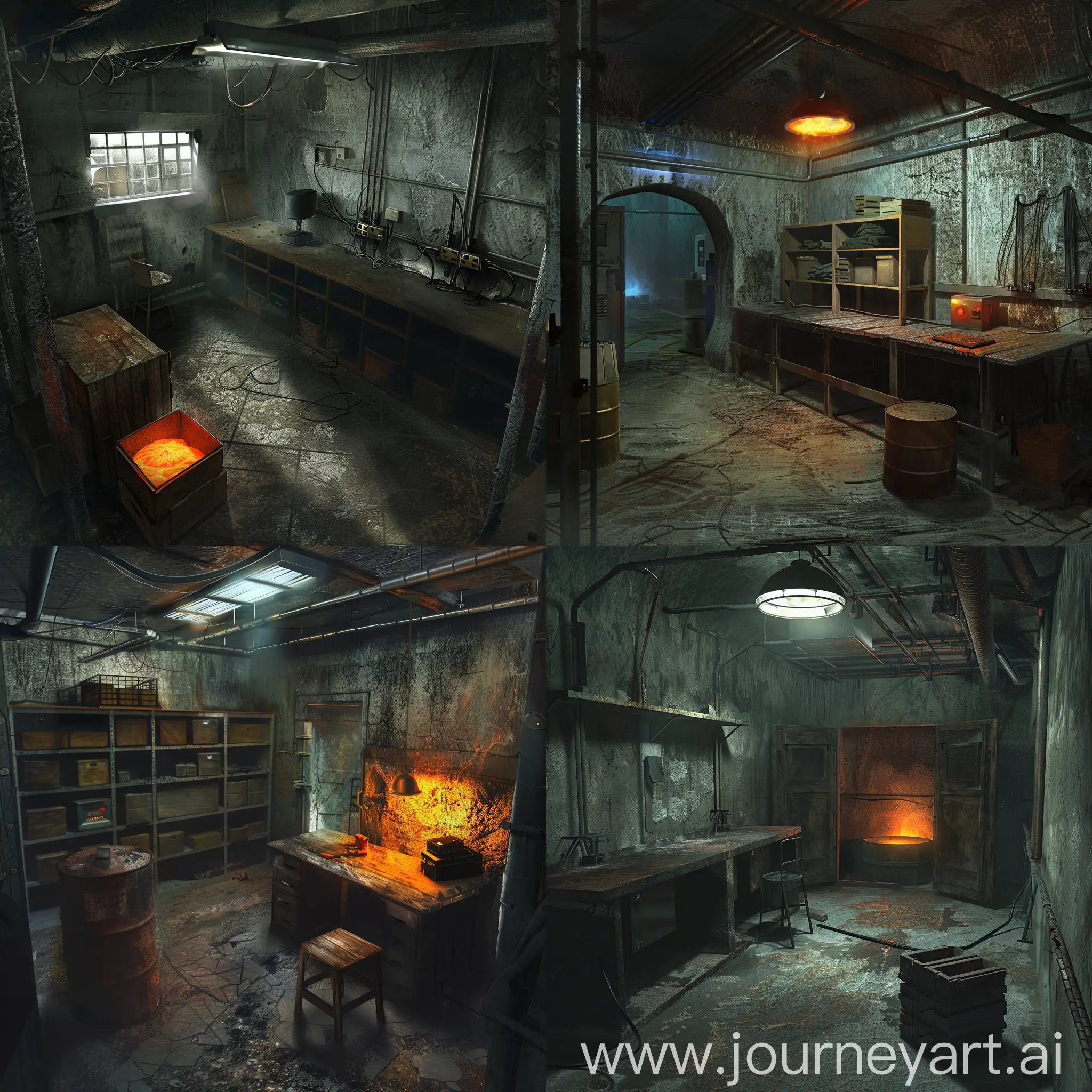 PostApocalypse-SovietEra-Bunker-Interior-with-Generator-Workbenches-Armory-and-Closed-Metal-Doors