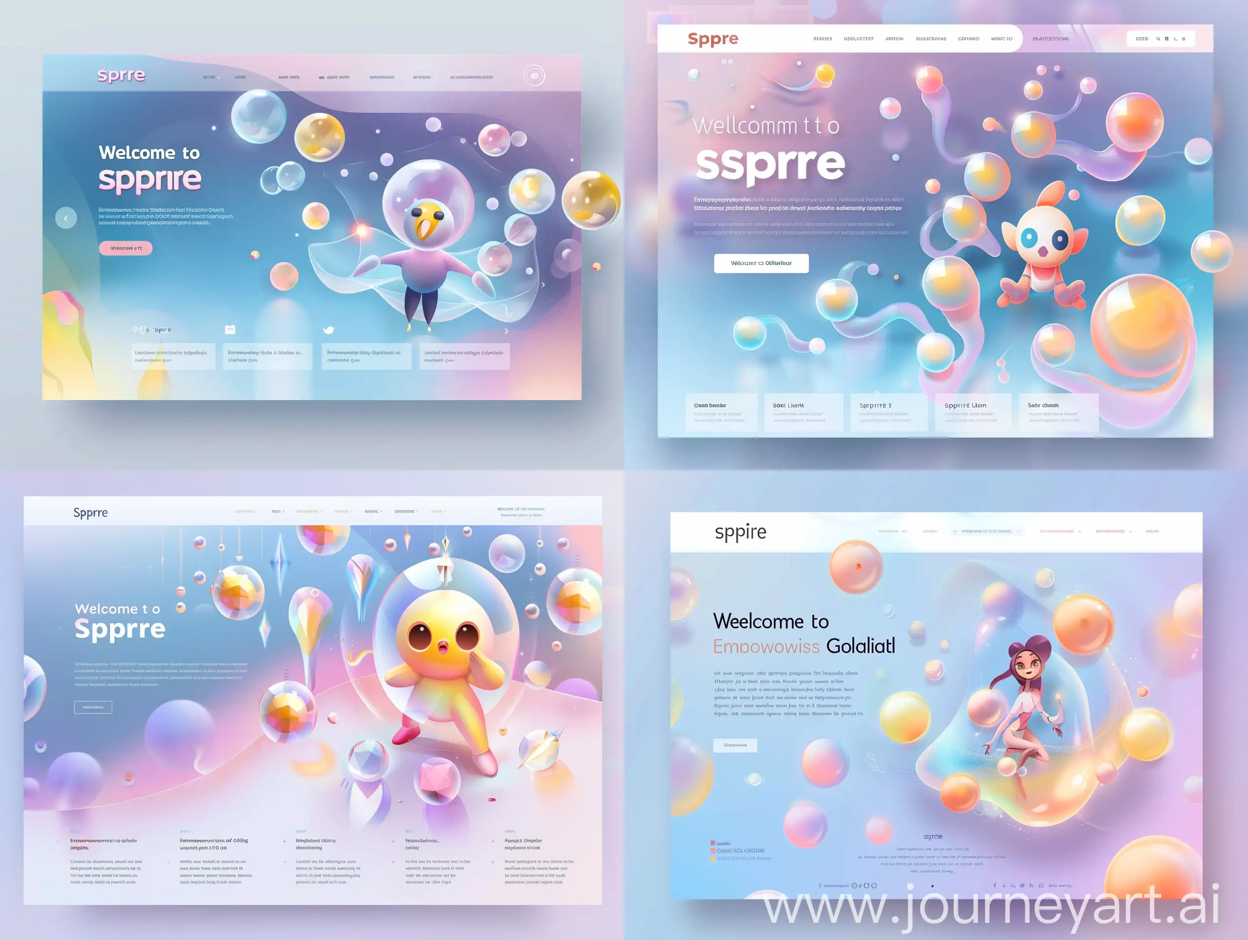 "Design the first sheet for the 'Spire' Behance project template, titled 'Welcome to Spire,' inspired by the animation Soul. The header should feature the project title 'Spire' in a bold, modern font like Helvetica Neue, with the tagline 'Empowering Industrial Design Students Globally' in a slightly smaller font like Avenir or Montserrat. Use a background gradient transitioning from soft blue to purple, with accents of pink and yellow to add warmth and vibrancy.
Include an introduction paragraph that provides a brief overview of Spire’s mission and vision, written in a clean, readable font like Arial or Open Sans. The main visual should prominently feature the character Lumino, centered and surrounded by floating orbs representing ideas and creativity. Incorporate glassmorphism effects and playful animations to enhance the visual appeal. Ensure the background includes subtle, interactive elements like small animations and hover effects to engage users.
The footer should contain links to social media, contact information, and additional resources. Maintain a consistent style throughout, ensuring the design is responsive and user-friendly, with a focus on usability and accessibility."