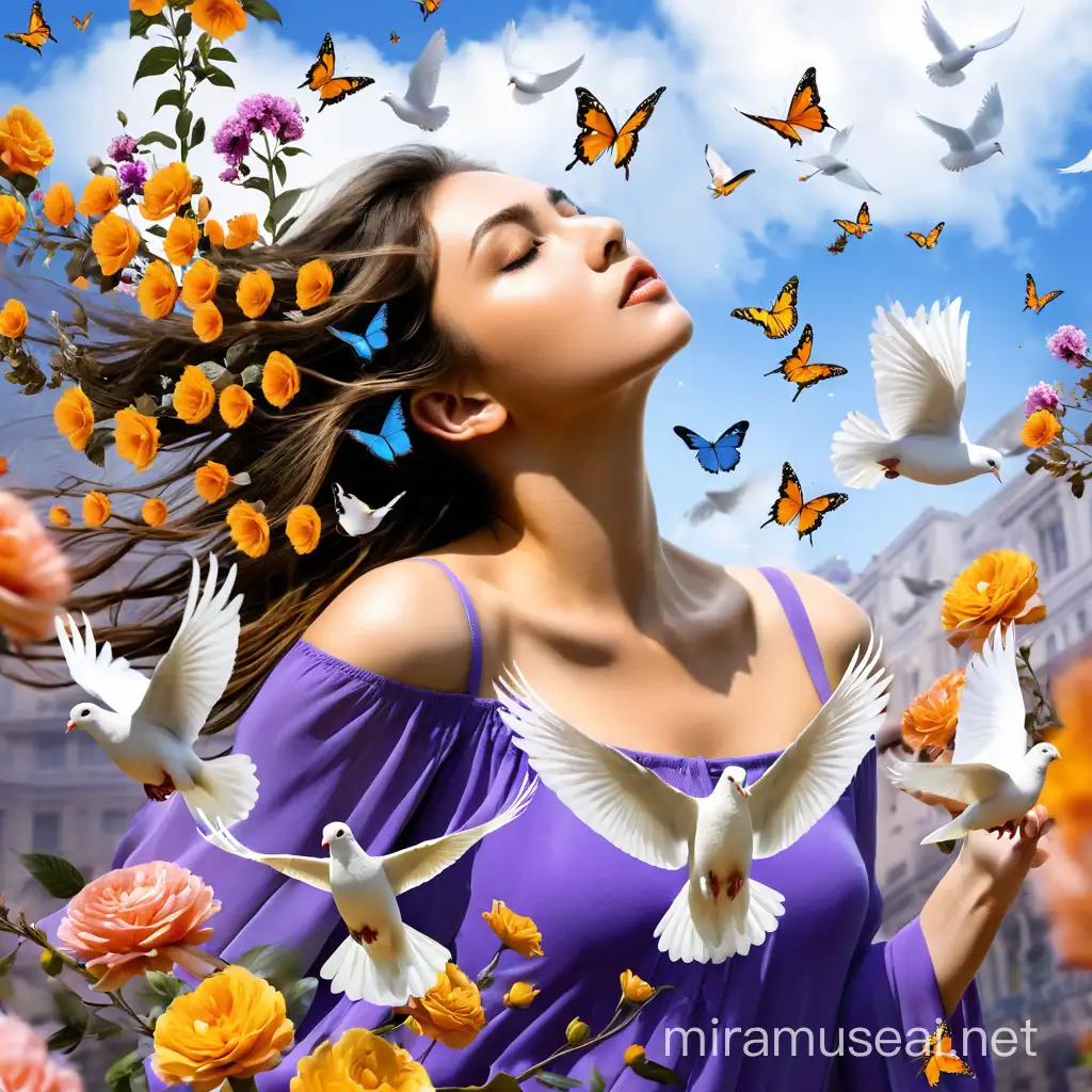 Tranquil Girl with Fluttering Doves and Butterflies in Wavy Floral Serenity