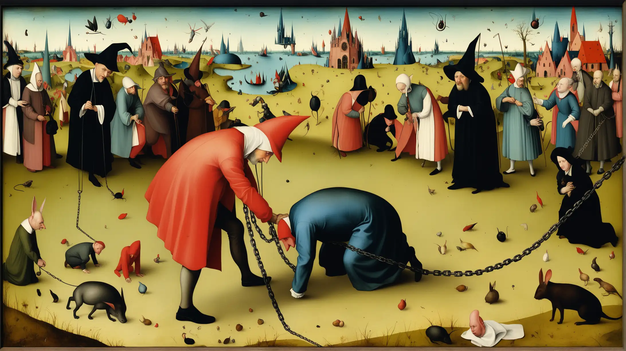 art dealer walking an artist crawling on all fours on a chain leash in the style of Hieronymus Bosch