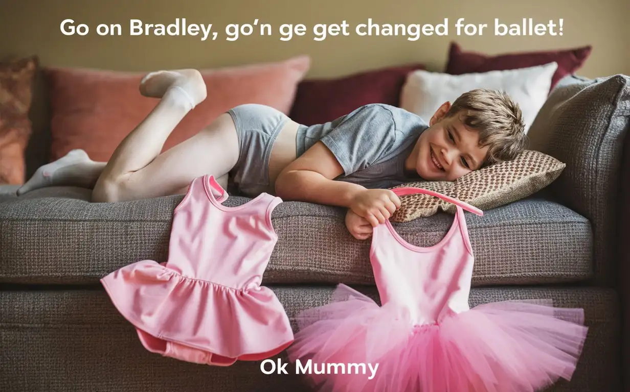 (((Gender role reversal))), a cute 10-year-old boy wearing a pair of grey underwear and a grey t-shirt is lying on a sofa, the boy is picking up his empty pink leotard and tutu dress ready to get changed, top captions “Go on Bradley, go’n get changed for ballet!”, bottom captions “ok mummy.”