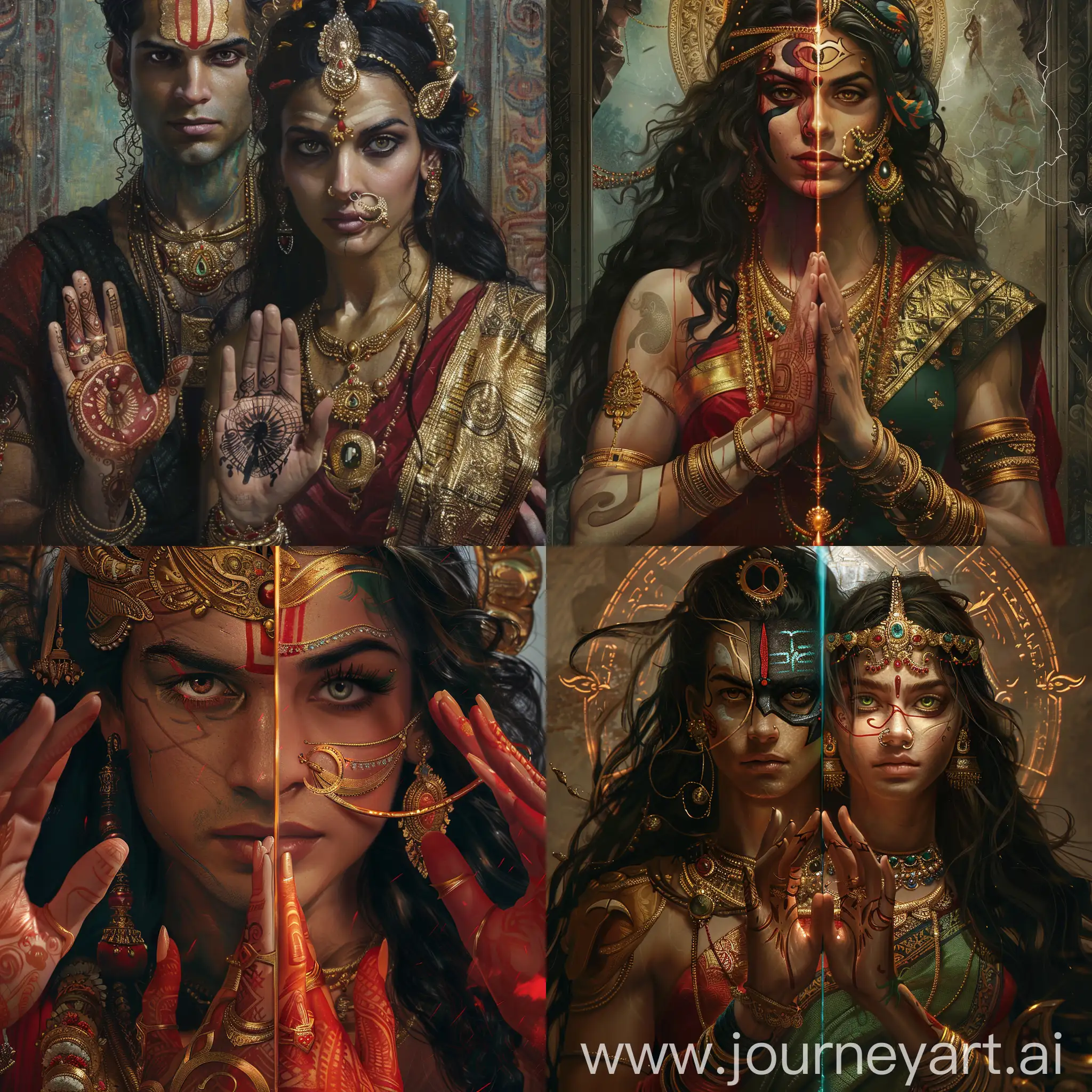 A Hyperrealistic DC Comics artwork of Hindu god Kartikeya and his wife Goddess Devayani, full shot, perfect composition, fantasy, thought provoking, hyper detailed, highly detailed, hyper detailed face and eyes, perfect hands, perfect face, masterpiece, glorious, half body portrait