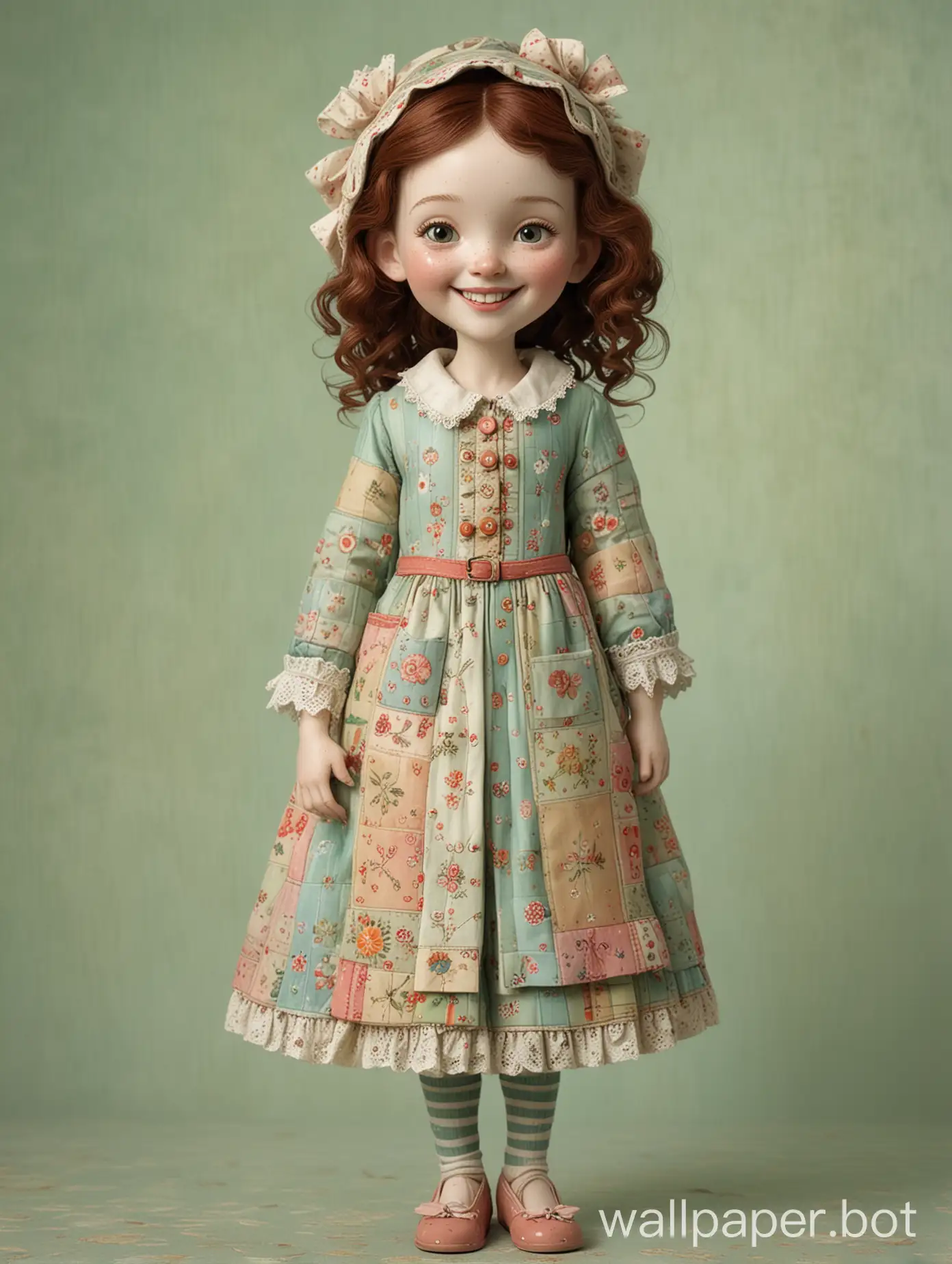 charming little lady in full-length patchwork clothes. dynamic, smiling, with freckles. Cozy, soft tones on a mint light distressed background, art by Suzanne Woolcott, Mark Ryden. 3D, porcelain, gloss