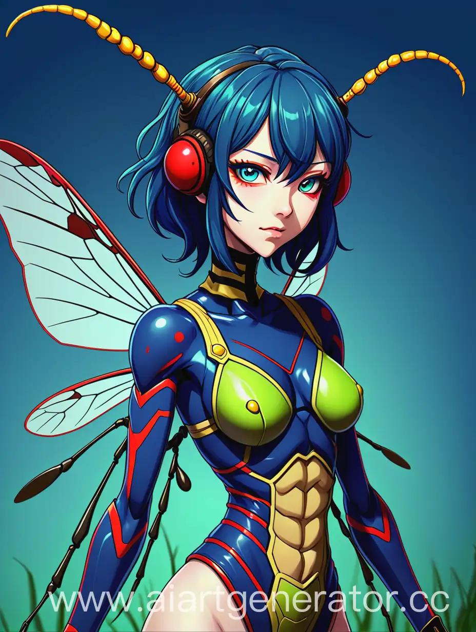 Swamp Wasp, anime style, humanize,blue backgraund