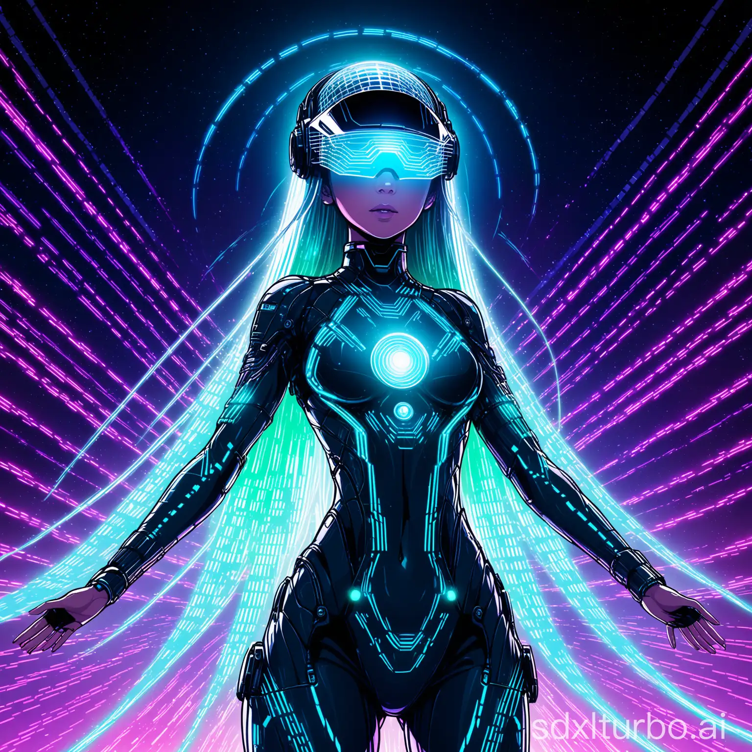 A virtual female AI music artist figure made of glowing blue lines forming a slender stylized humanoid shape, with a hexagonal lattice visor face showing flickering data points inside representing her digital 'mind', long streaming neon hair trails like aurora borealis, futuristic clothing with metallic plates and glowing rhomboid patterns like a cosmic raver outfit, a small orb projector on her shoulder projecting music waveform holograms, hovering slightly above the ground on a faint anti-gravity disc emitting flickering data streaks from which her compositions manifest, semi-transparent ghostly figure, sci-fi cyberpunk synthwave style, intricate details