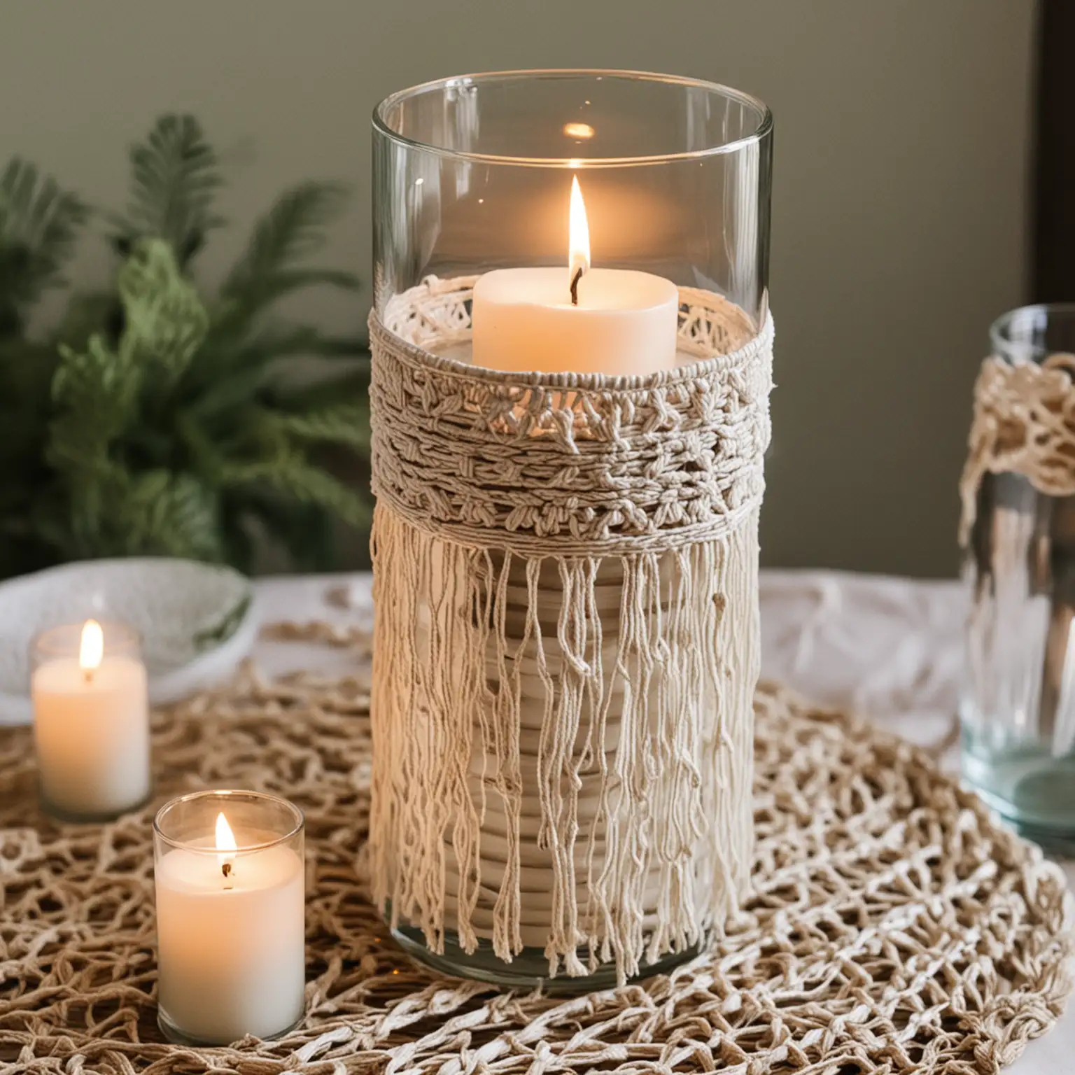 a simple DIY wedding centerpiece using a glass cylinder covered in boho macrame for a boho wedding
