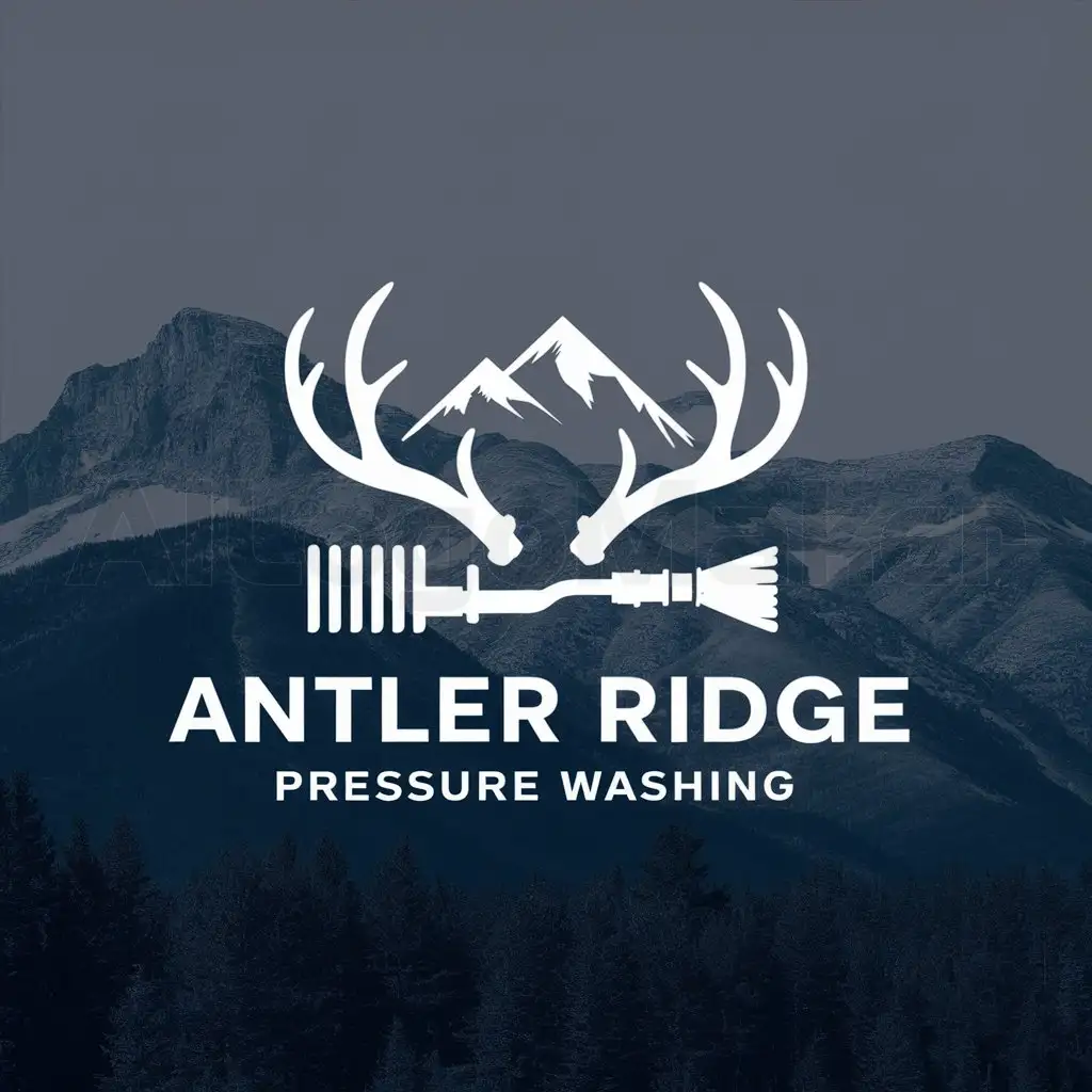 a logo design,with the text "Antler Ridge Pressure Washing", main symbol:deer antlers with a pressure washer hose under it. Mountains in the background,Moderate,be used in Others industry,clear background