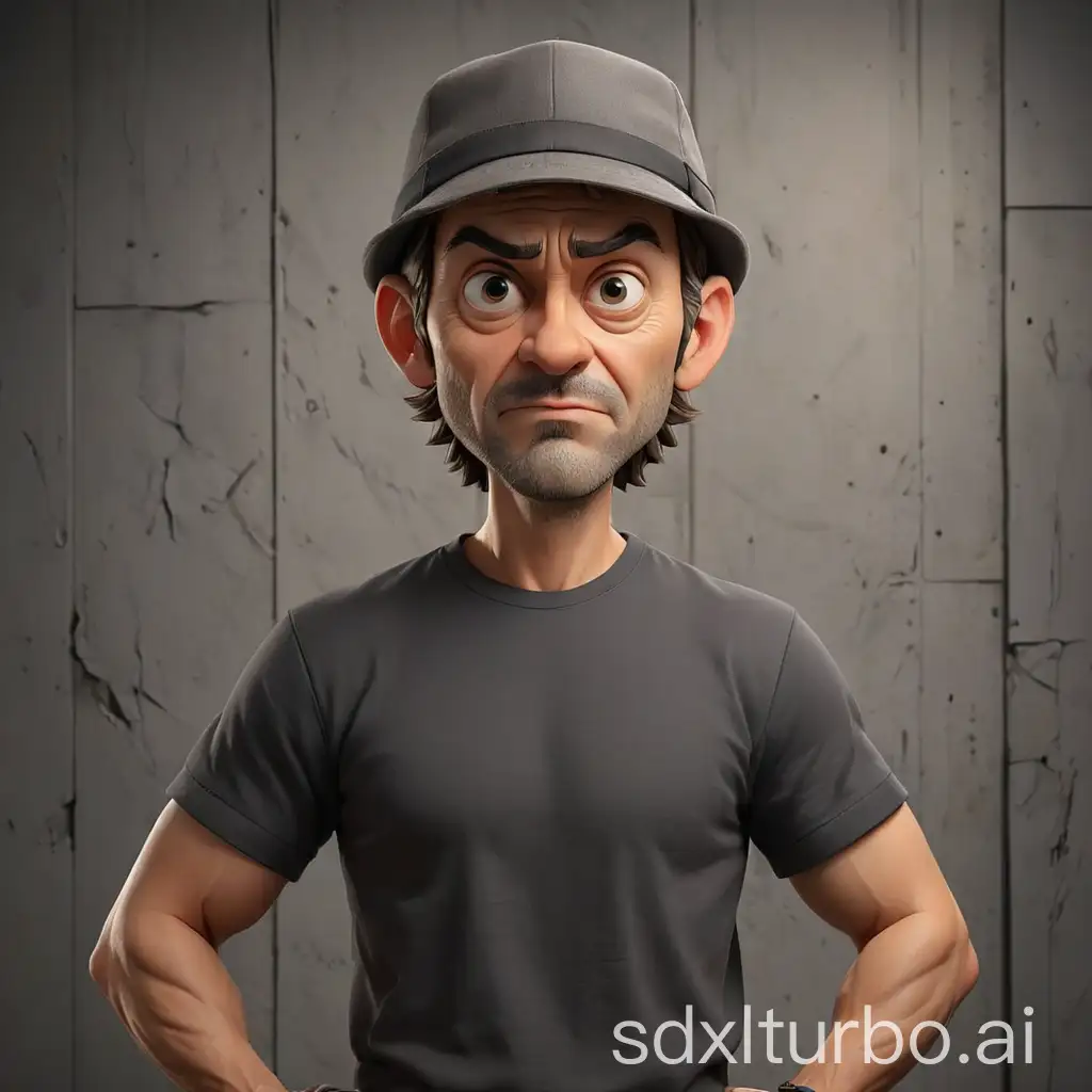 Realistic 3d caricature. big head. A man Photographer stands confidently against a background of gray textured wall panels. He wore casual clothes with a black t-shirt and hat. His hands were busy with the camera, which he held in front of him, ready for action. The overall atmosphere conveys a sense of anticipation or preparation to capture the moment. Use soft photography lighting with hair lights, edge lights, and top lights. Photos with very high detail.