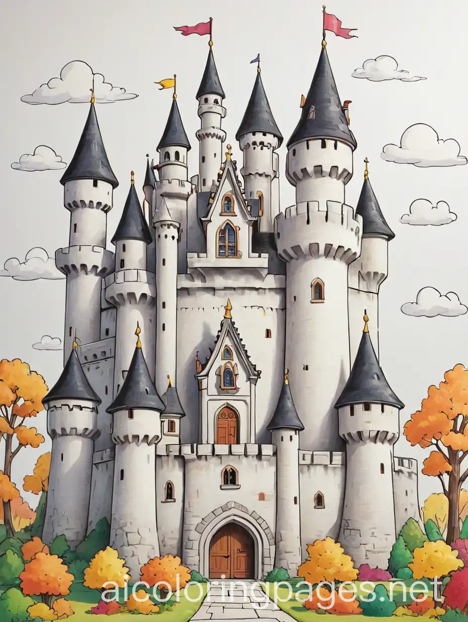 colorful castle, Coloring Page, black and white, line art, white background, Simplicity, Ample White Space. The background of the coloring page is plain white to make it easy for young children to color within the lines. The outlines of all the subjects are easy to distinguish, making it simple for kids to color without too much difficulty