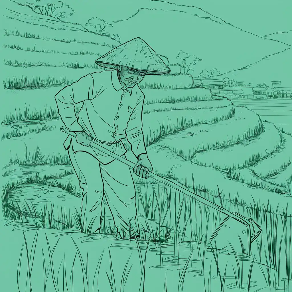 农活  一个农民伯伯在梯田的田里碎田 画面  线稿