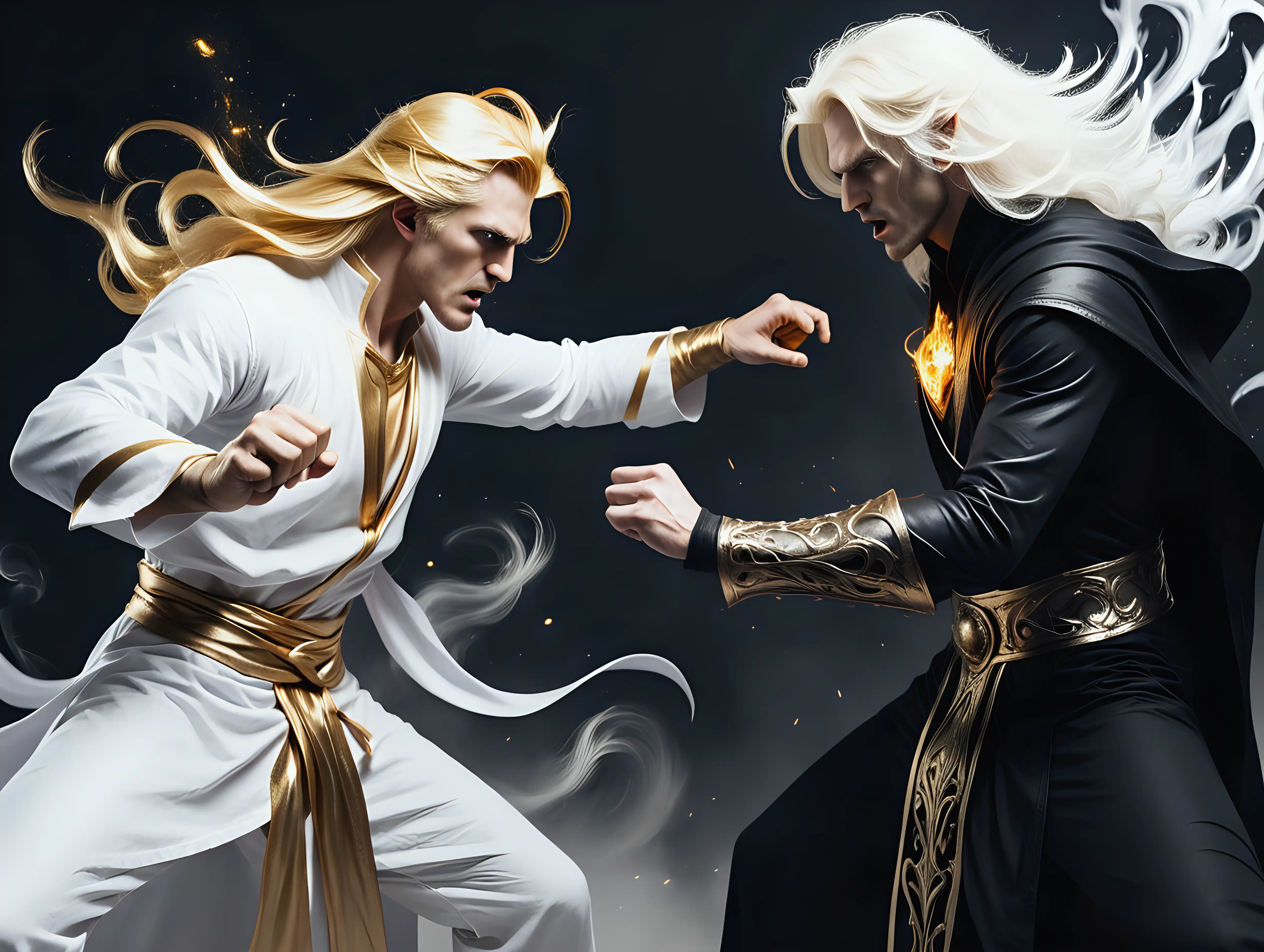 A male sorcerer with golden hair in white clothes fights against a male sorcerer with white hair in black clothes