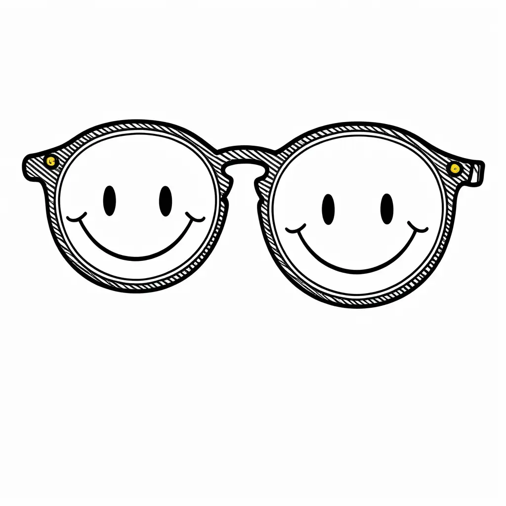 A happy pair of glasses with a smiley face., Coloring Page, black and white, line art, white background, Simplicity, Ample White Space. The background of the coloring page is plain white to make it easy for young children to color within the lines. The outlines of all the subjects are easy to distinguish, making it simple for kids to color without too much difficulty
