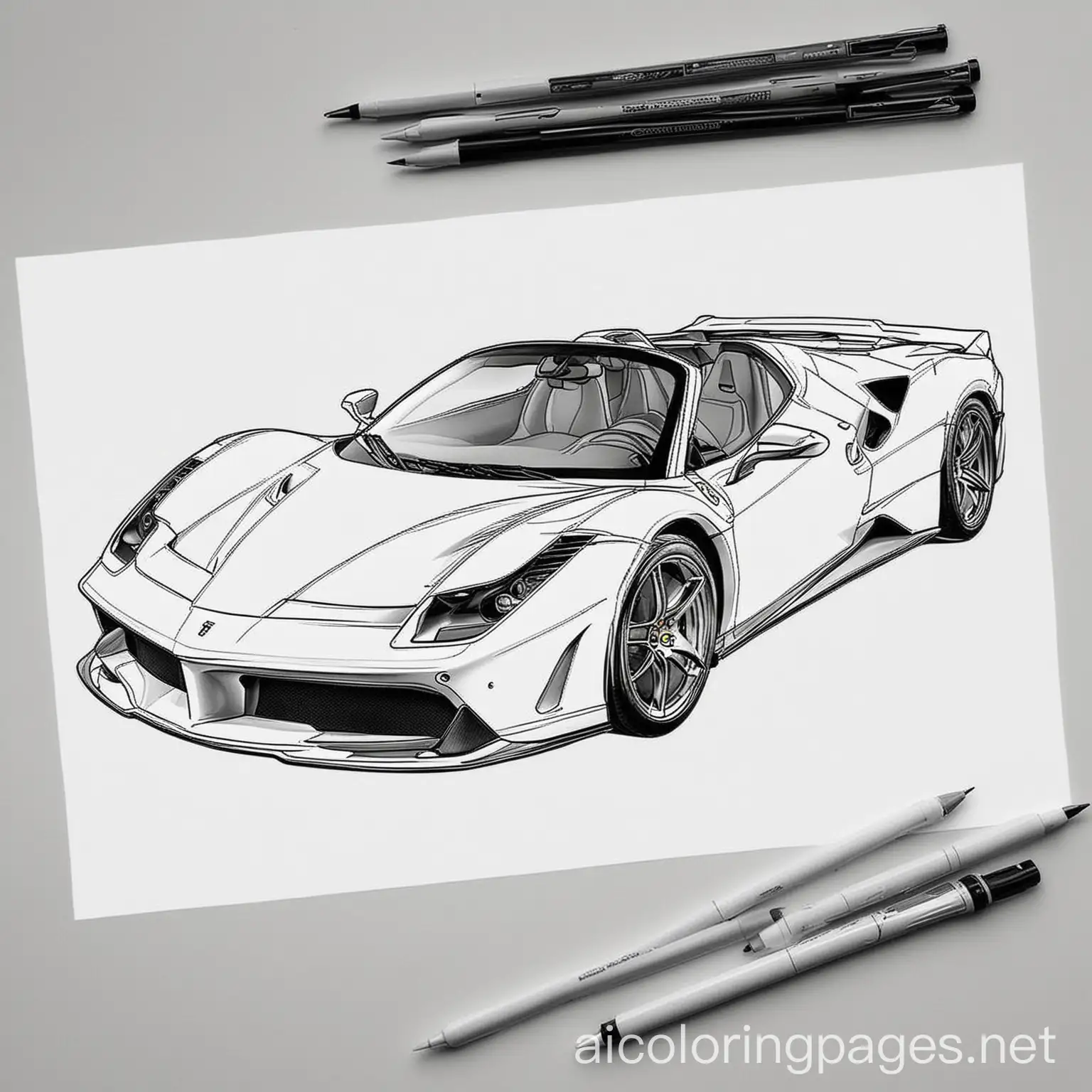 Ferrari car coloring page, Coloring Page, black and white, line art, white background, Simplicity, Ample White Space. The background of the coloring page is plain white to make it easy for young children to color within the lines. The outlines of all the subjects are easy to distinguish, making it simple for kids to color without too much difficulty