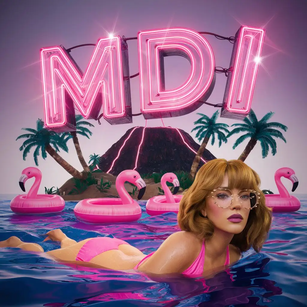 "MDI" text made by pink Neon, on air, On a volcanic island with palm trees and a flamingo tubes floating in the water during With a woman with golden hair and smokey glasses swimming in the water in a pink bikini the day, studio light, 3d render --ar 16:9 --s 50 --v 6.0 --style raw