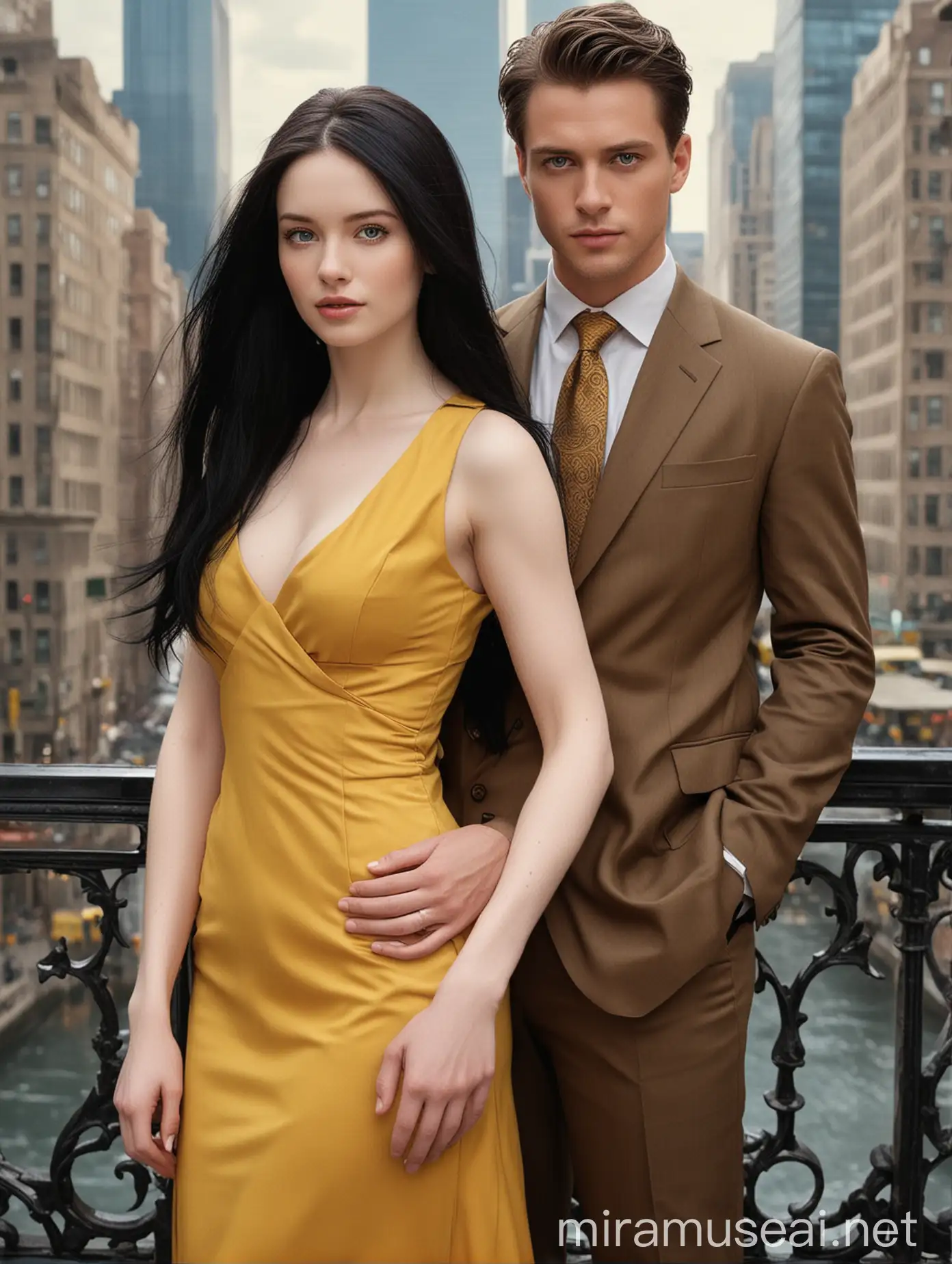 The subject of the portrait is a woman with white, pale skin and a flawless physique and a man that has pale flawless skin. The woman have long, lustrous black hair that shines brightly and the woman is wearing a captivating yellow dress that highlights her hourglass shaped body while the man on her side is wearing business attire and the man should have short regulation-cut brown hair. The image should prominently highlight their blue eyes while ensuring the eye and hair color remain distinct. The background should be tall buildings.