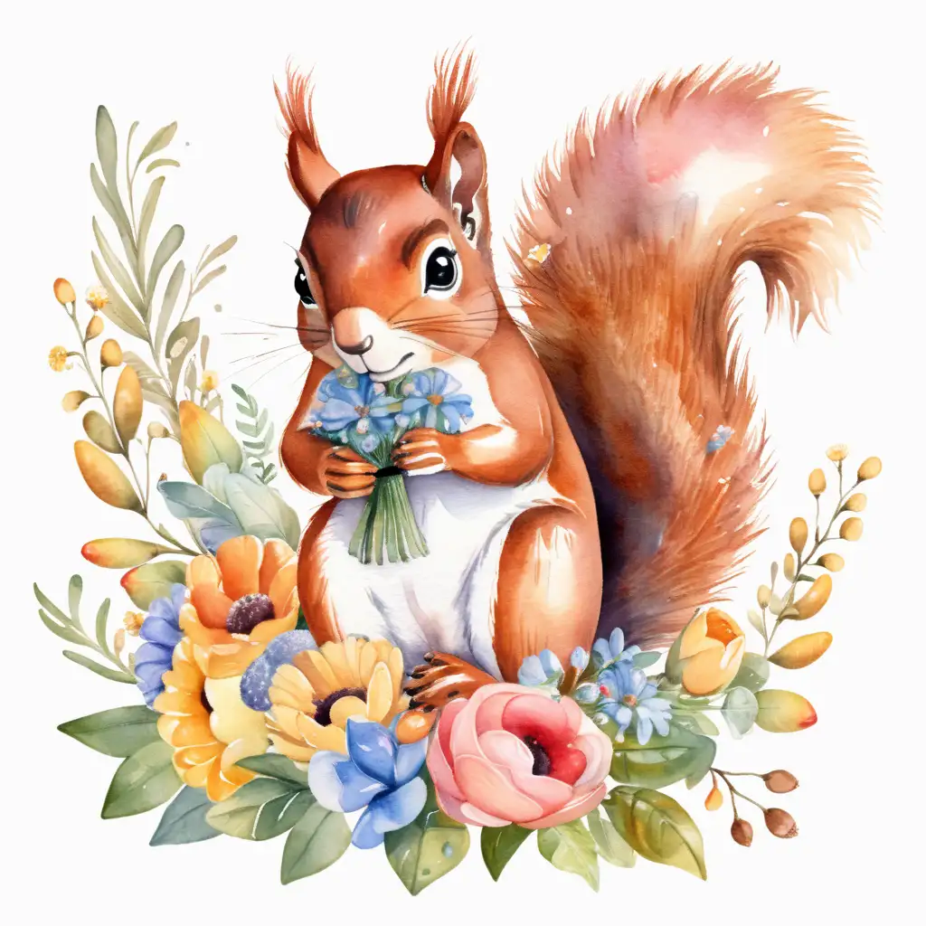 Squirrel Holding Bouquet of Flowers in Summer Watercolor
