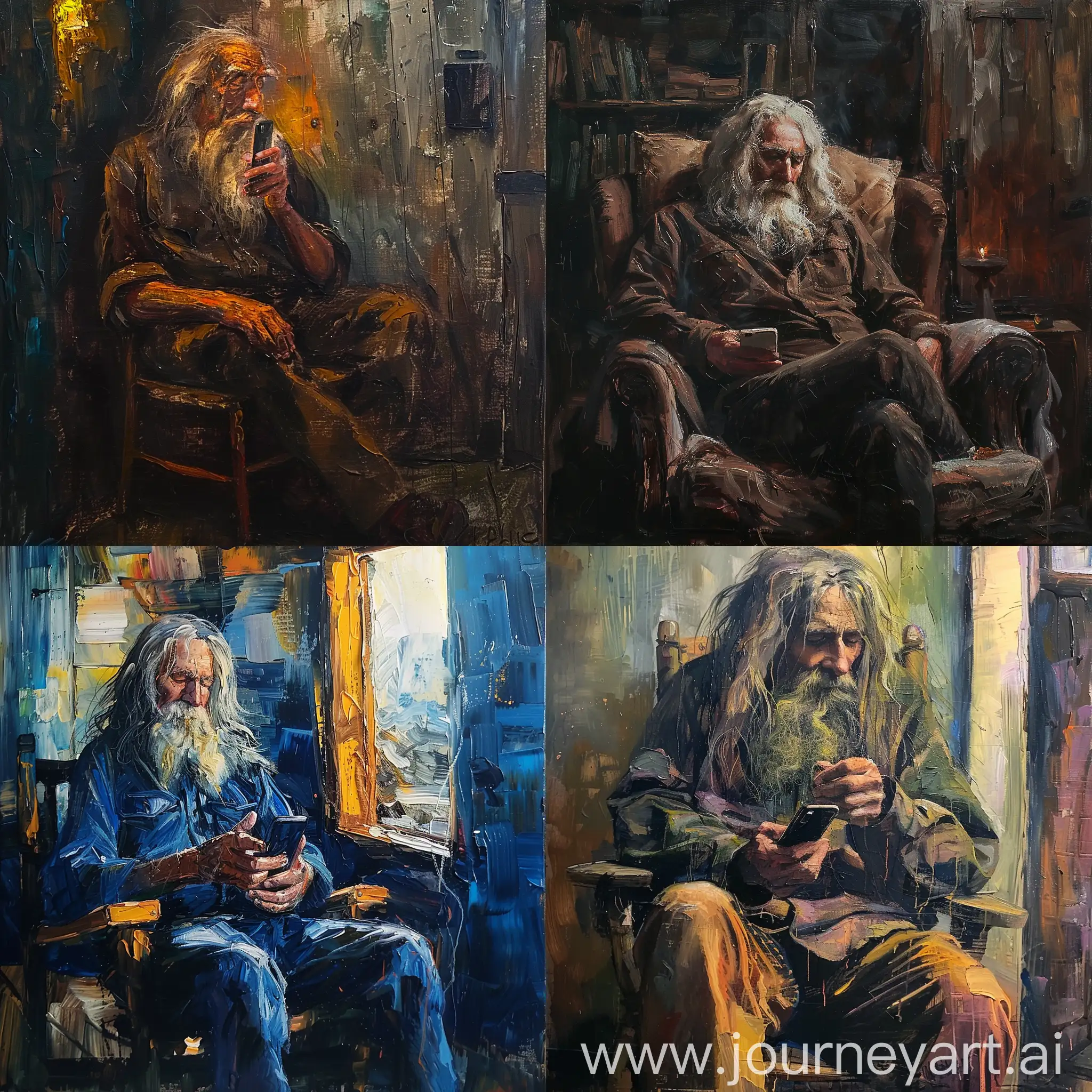 a painting of a old man wiht long hair and beard siting on a chair in the cabin holding his phone, abstract painting, in eugene Delacroix style