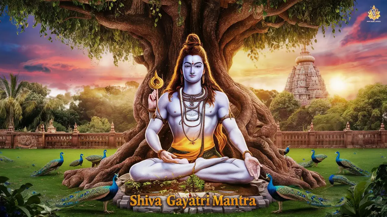 Majestic Lord Shiva Poster Shiva Gayatri Mantra in Serene Garden Setting