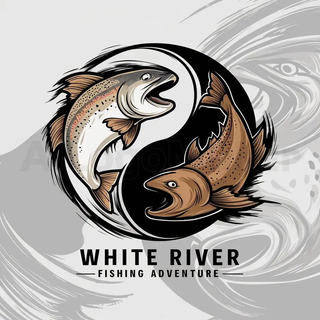 a logo design,with the text "White River Fishing Adventure", main symbol:rainbow trout brown trout yin yang circle style caricature painted brush strokes,complex,clear background