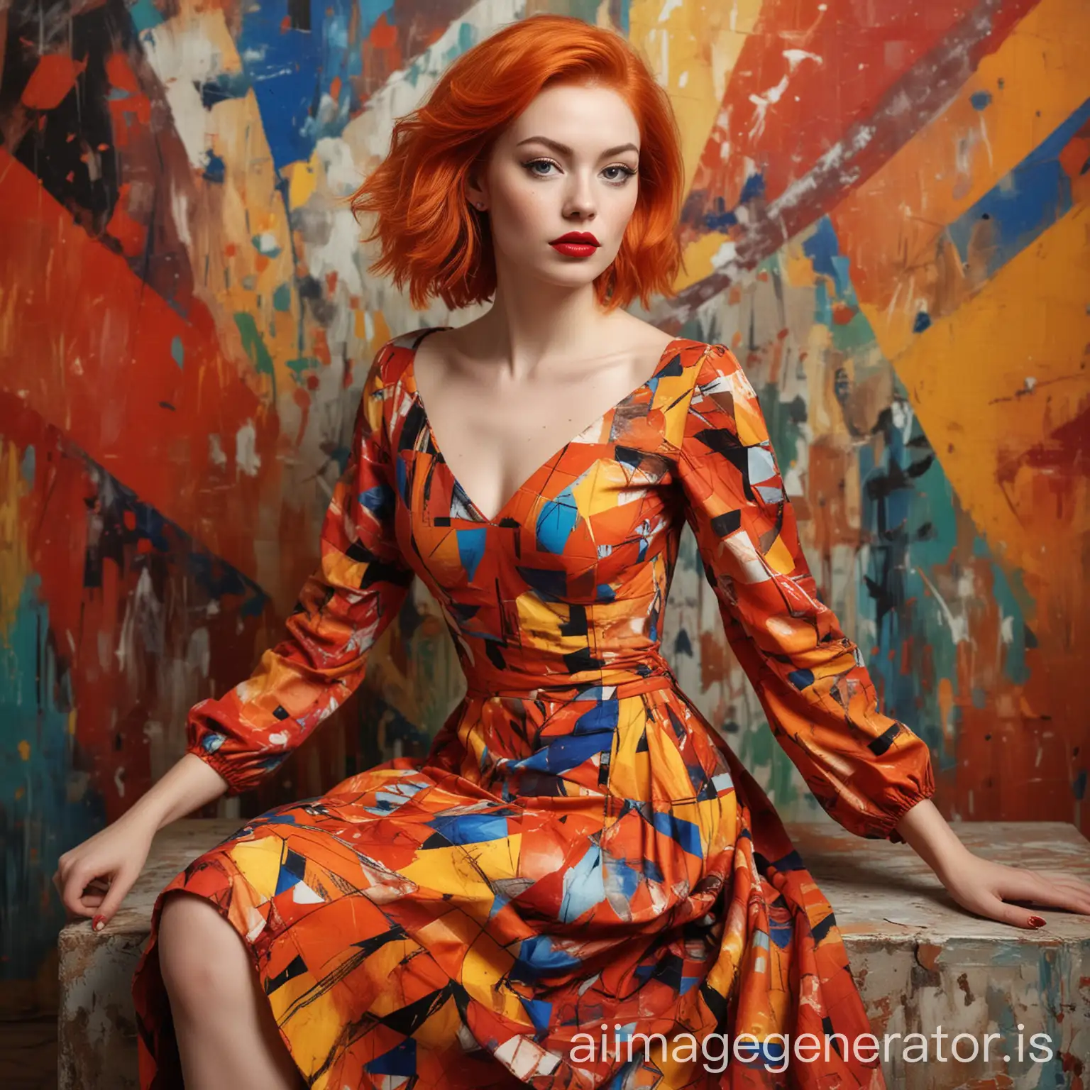 Pensive-Woman-in-Abstract-Expressionist-Dress-Against-Colorful-Background