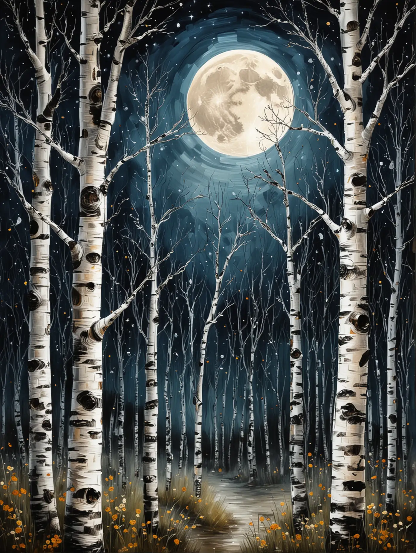 Birch Trees Art at Night with Moon