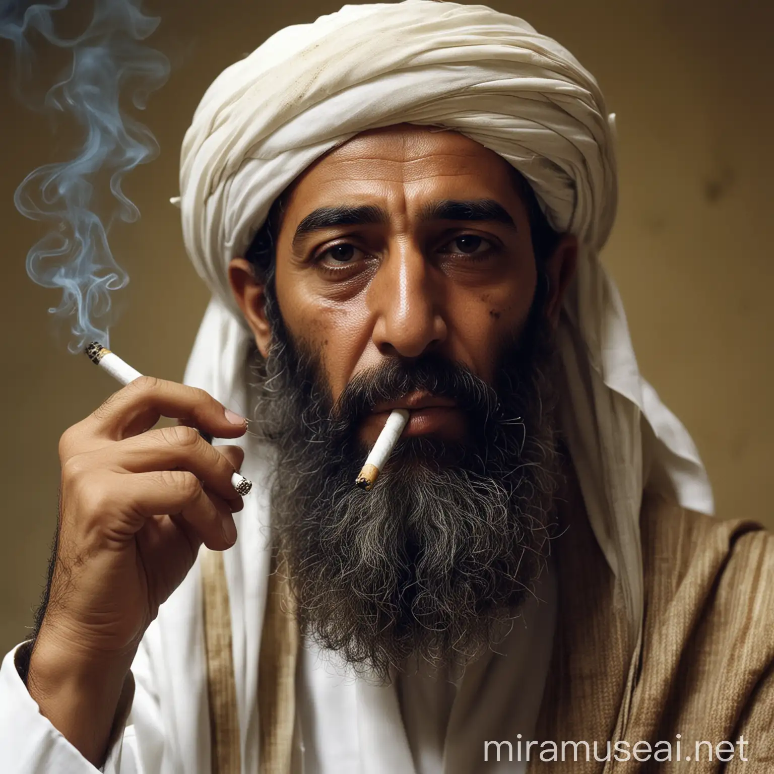 Osama bin Laden Smoking a Cigarette in Shadowy Solitude