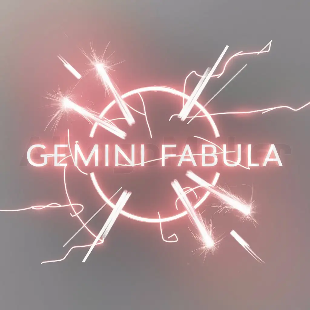 a logo design,with the text "Gemini Fabula", main symbol:pink and white sparks, lighting neon pink, pink sparks, pink neon glowing, white text glowing in pink,Minimalistic,be used in Technology industry,clear background