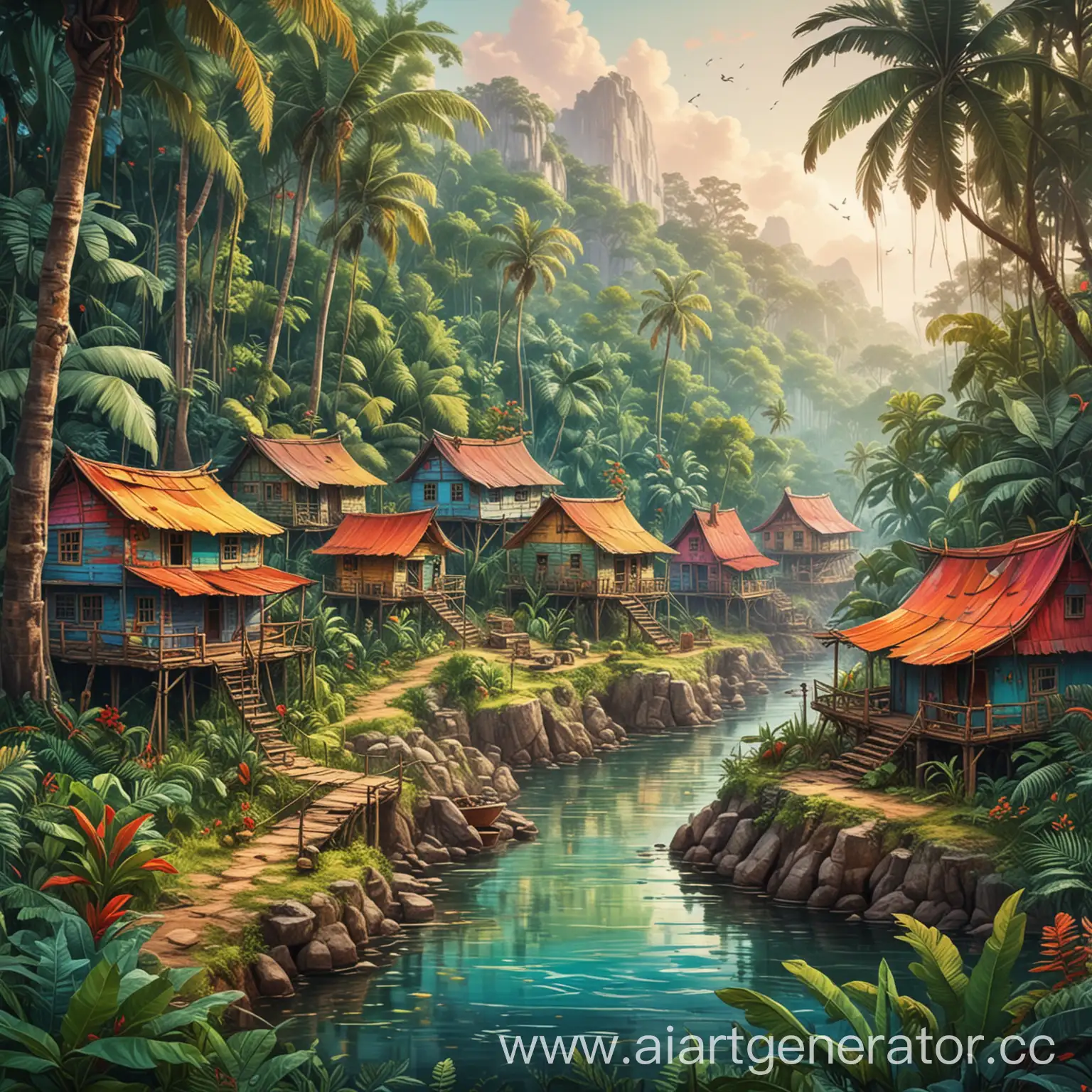 Vibrant-Jungle-Settlement-Lively-Community-Amidst-Lush-Greenery